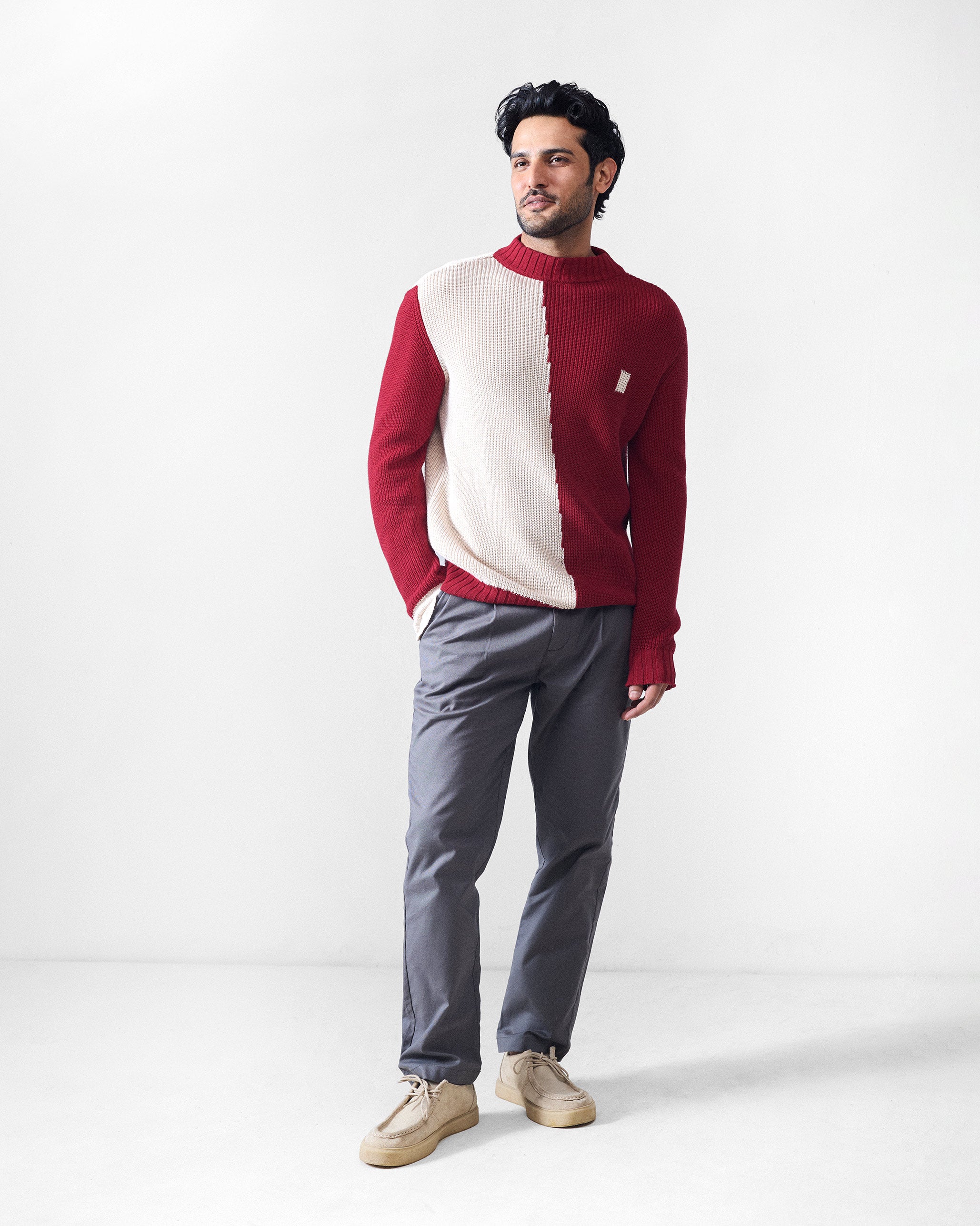 Crew Neck Sweater - Ivory & Red