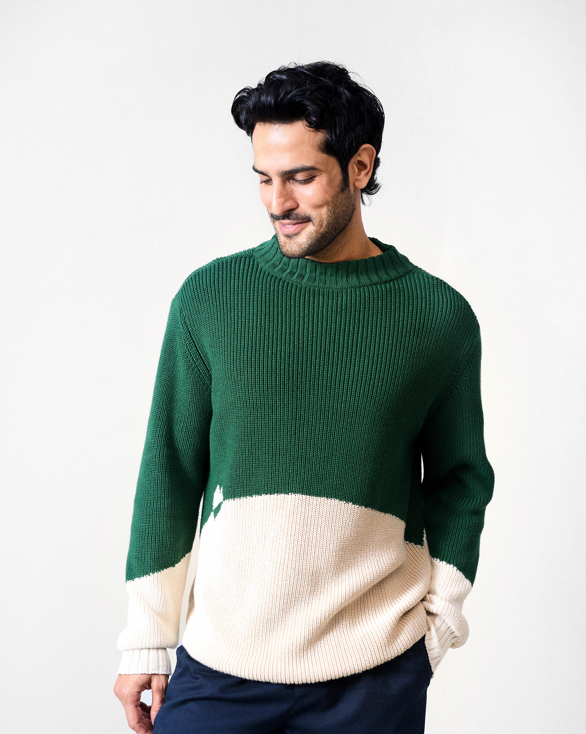 Crew Neck Sweater - Green & Ivory