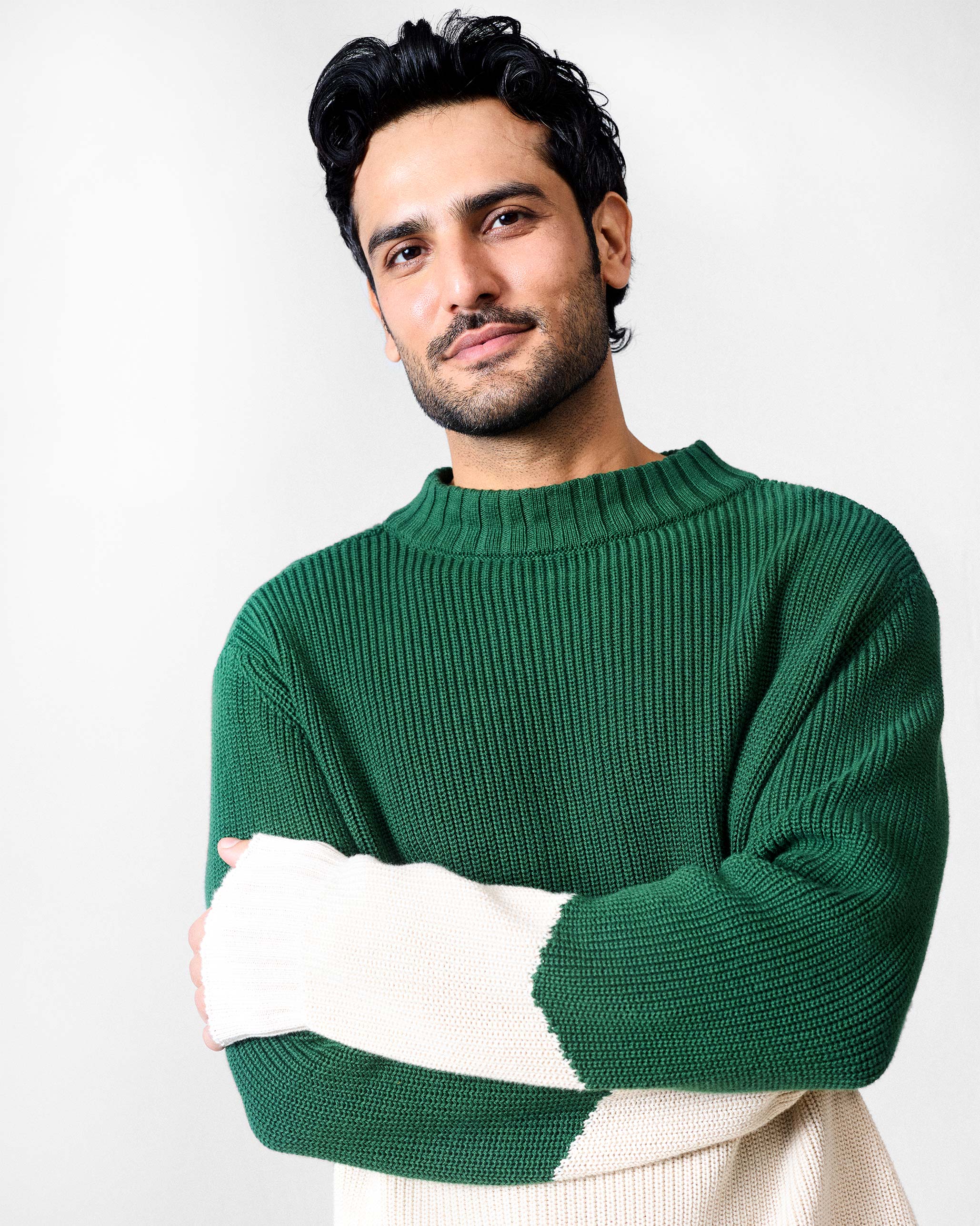 Crew Neck Sweater - Green & Ivory