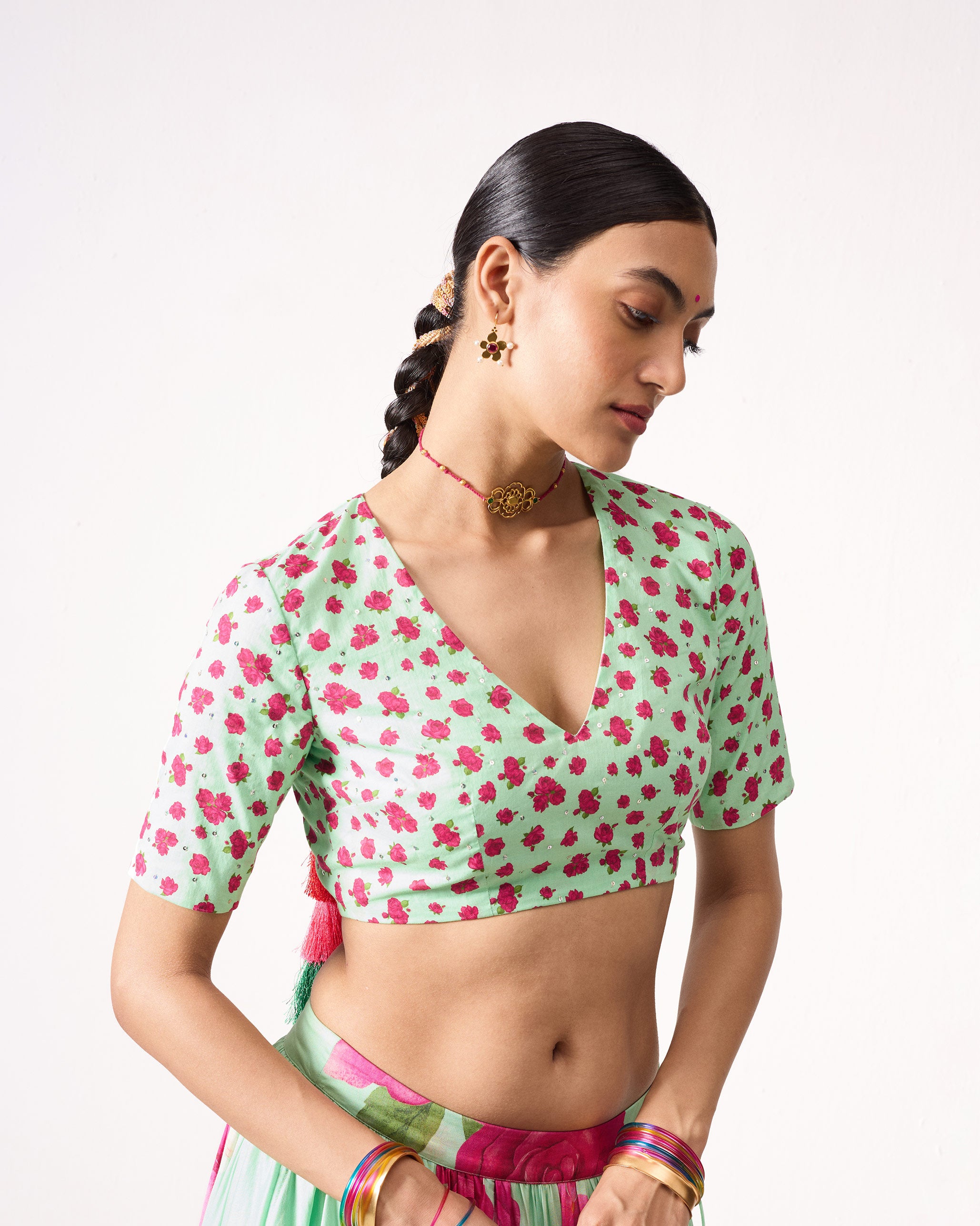 Dori Blouse - Sea Blue & Fuchsia Embroidered