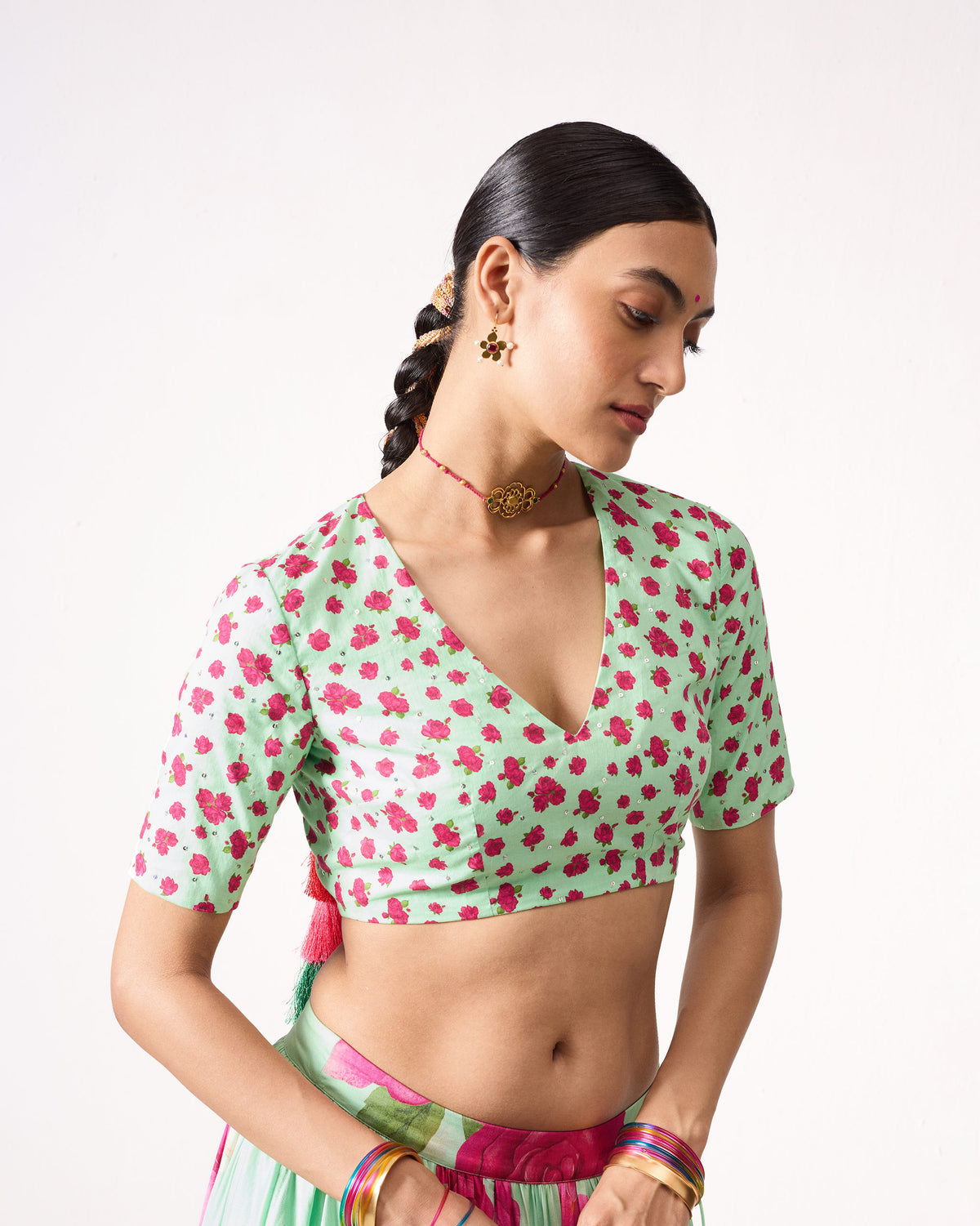 Dori Blouse - Sea Blue & Fuchsia Embroidered