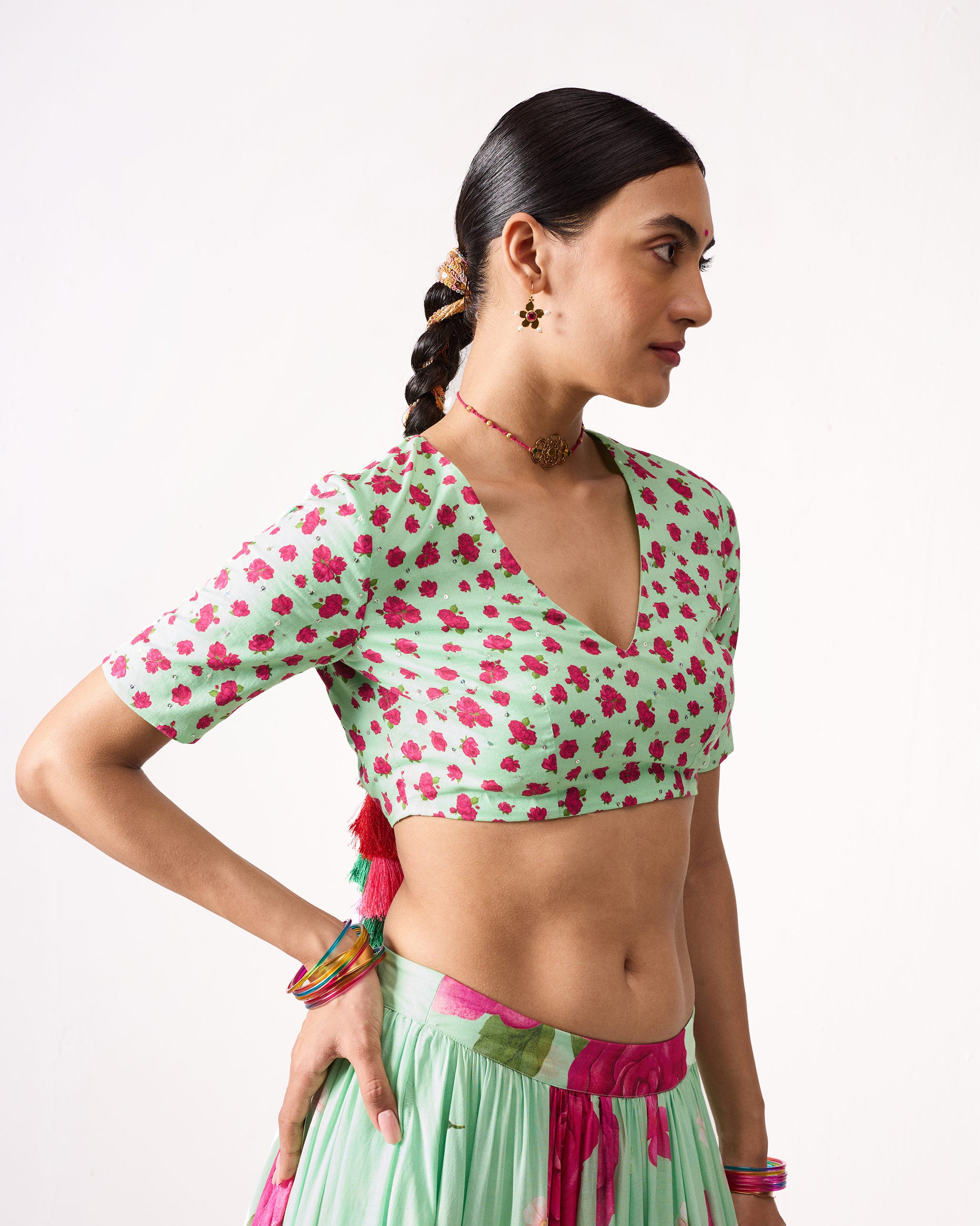 Dori Blouse - Sea Blue & Fuchsia Embroidered