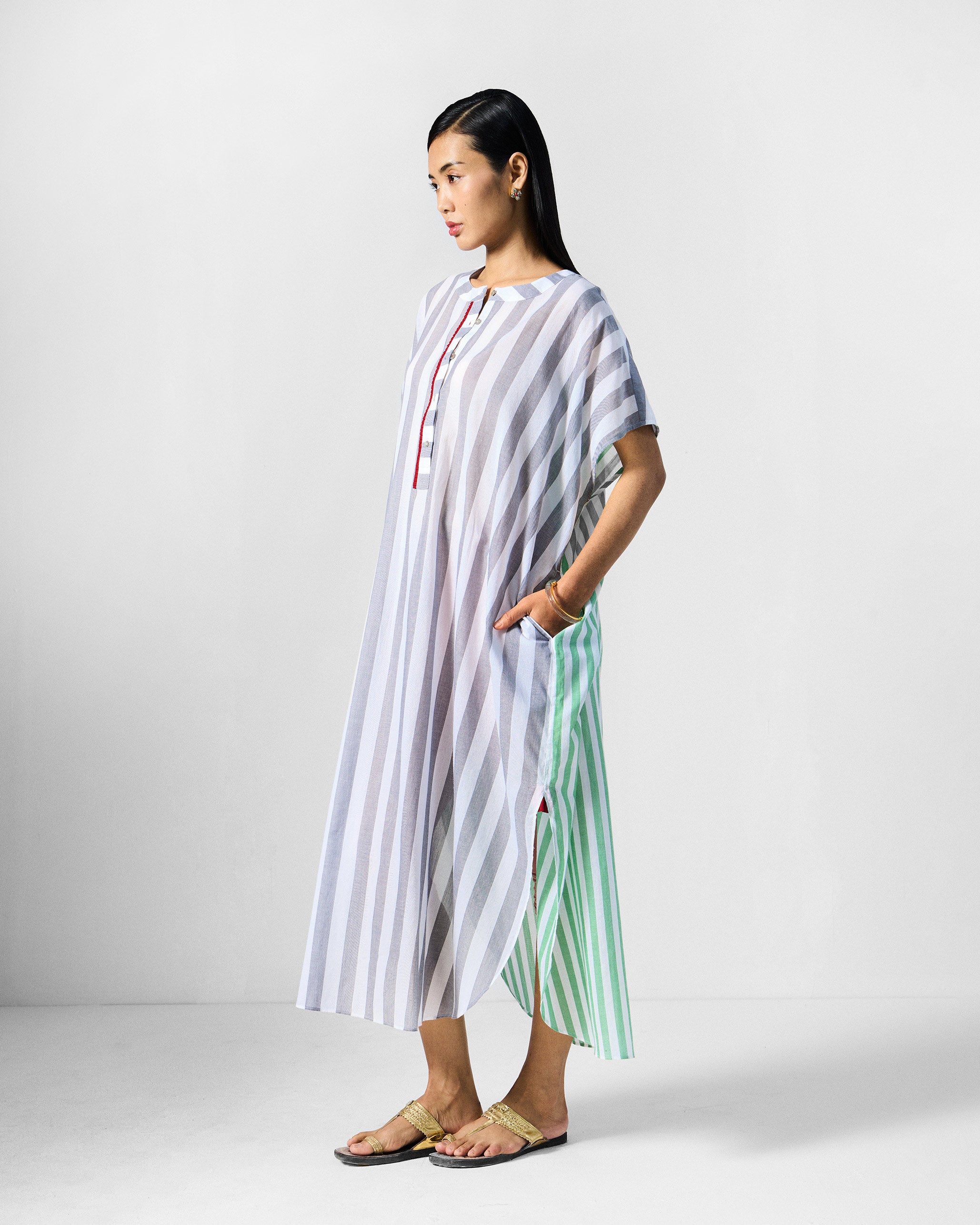 Dali Kaftan - Green & Grey Stripes