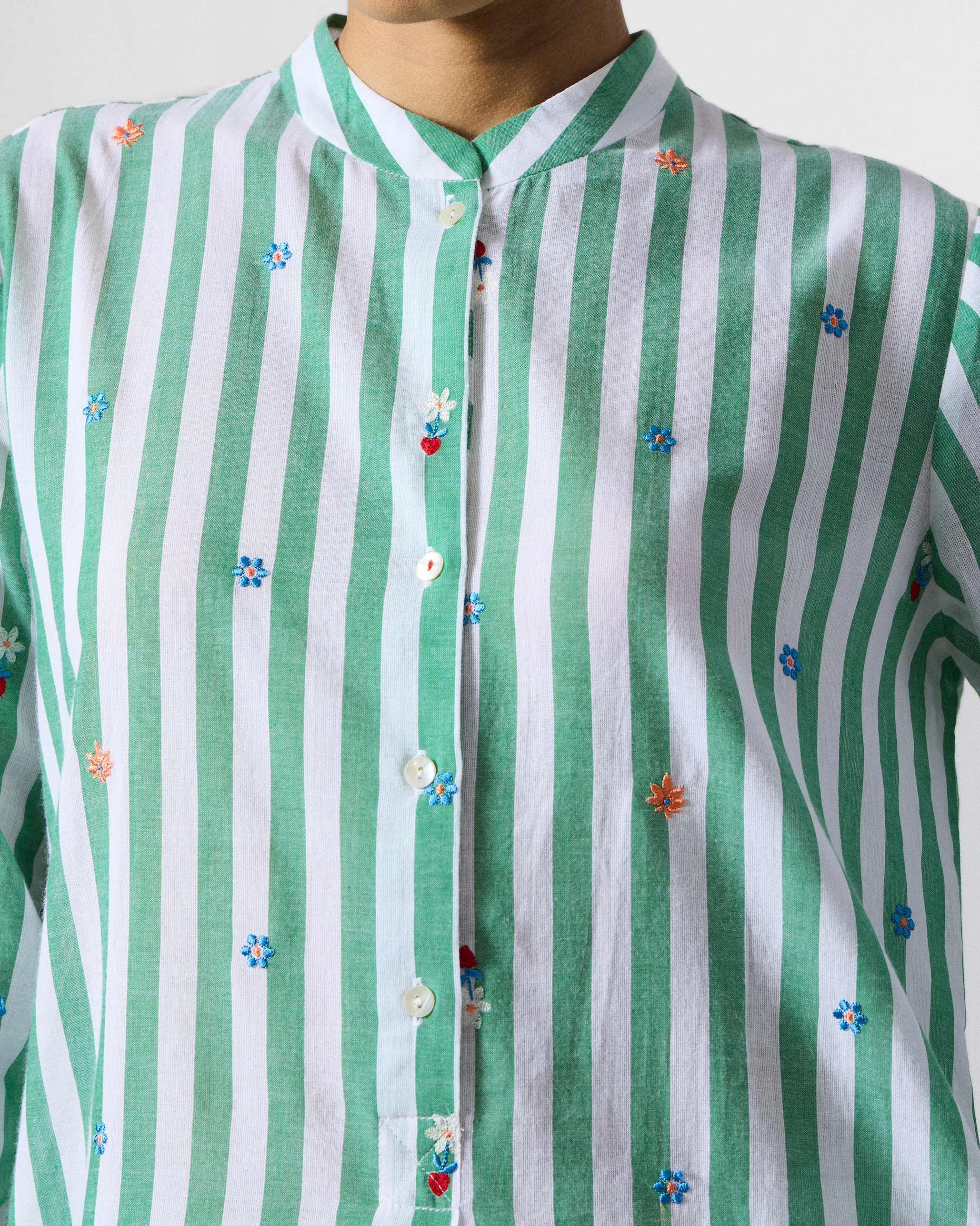 Basic Mid length Kurta - Green & White Embroidered