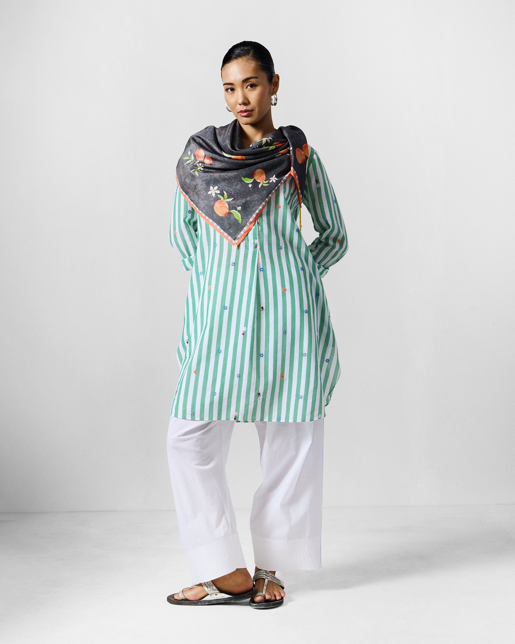 Basic Mid length Kurta - Green & White Embroidered
