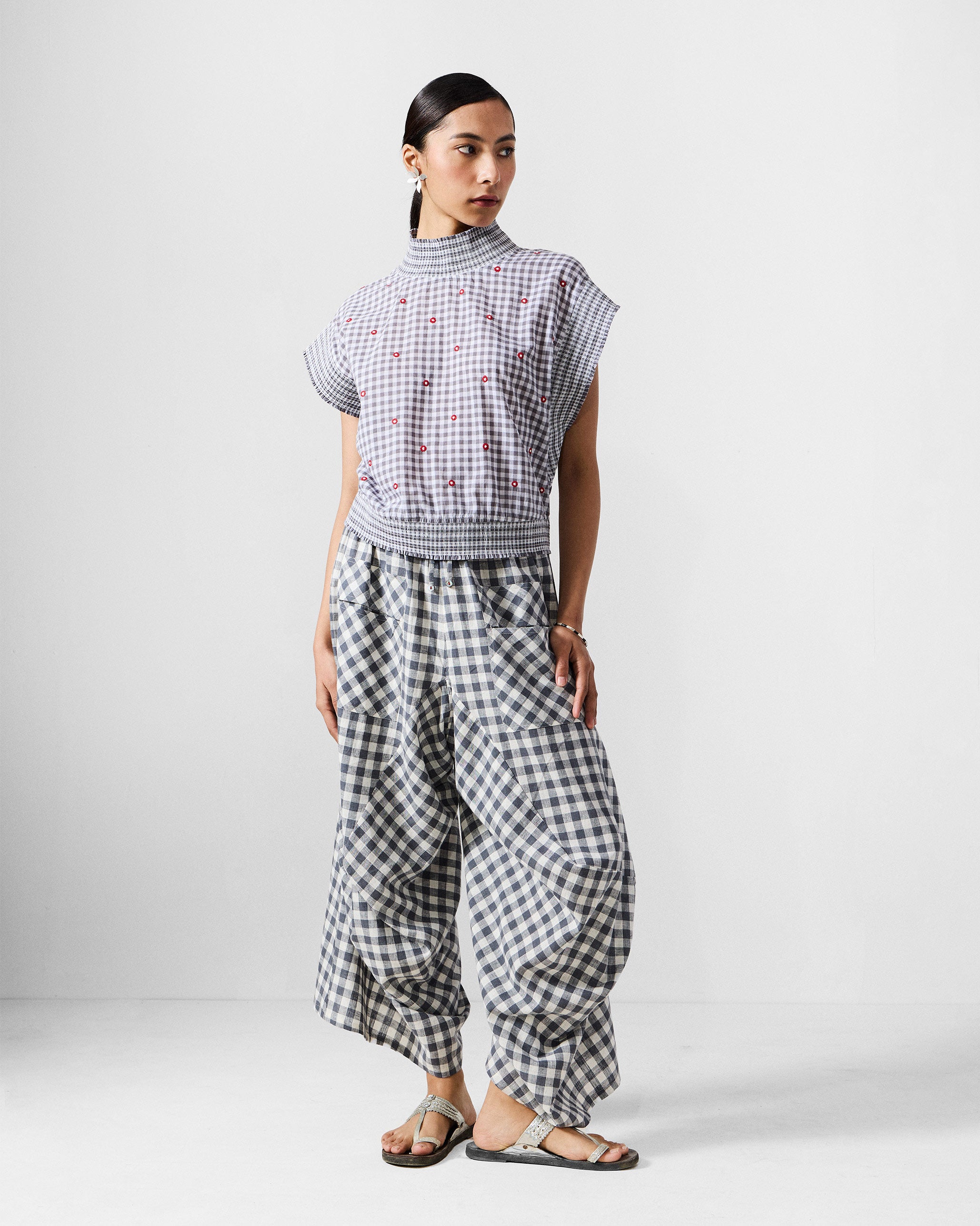 Lehar Top - Grey & White Embroidered