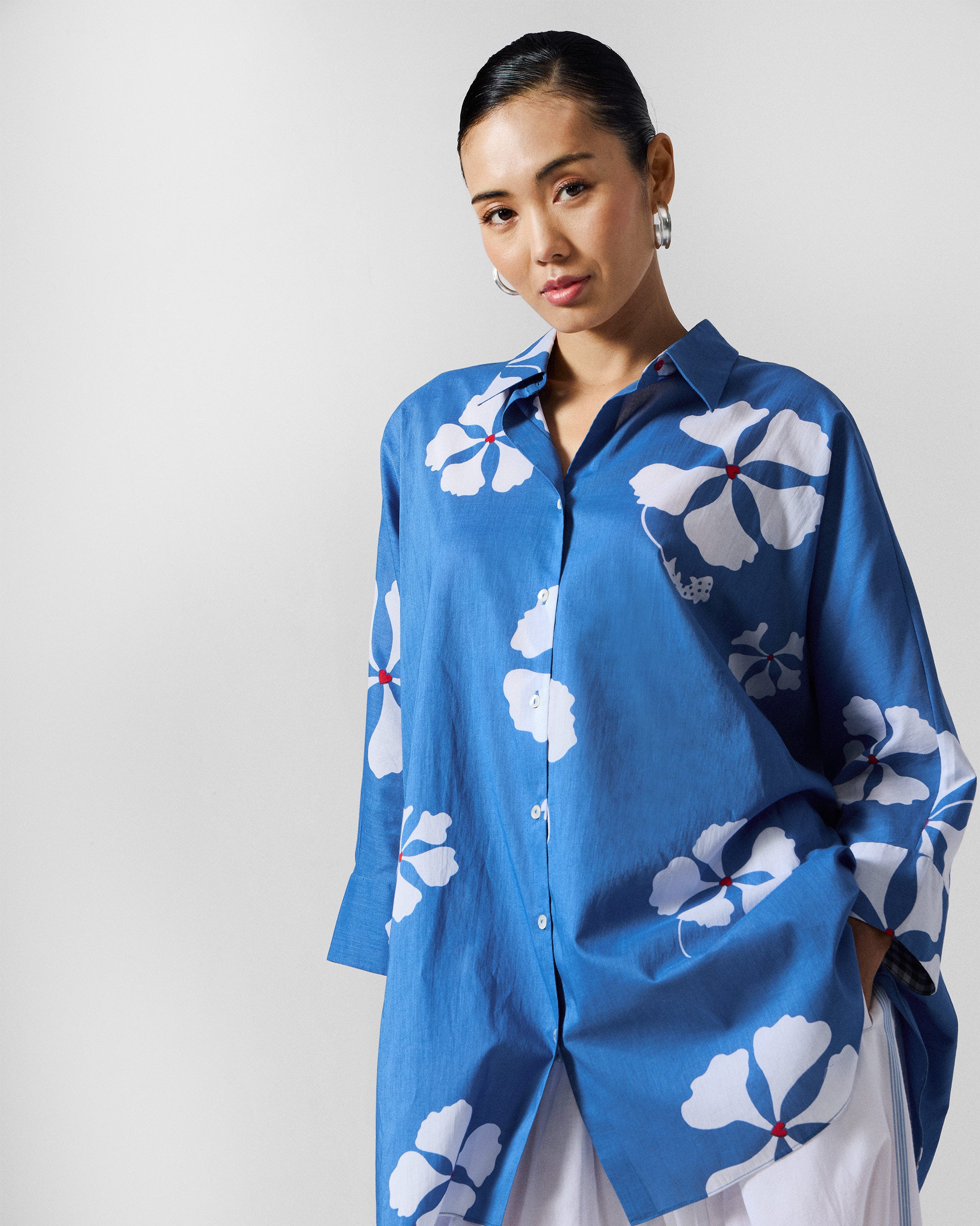 River Boxy Shirt - Blue & White Printed