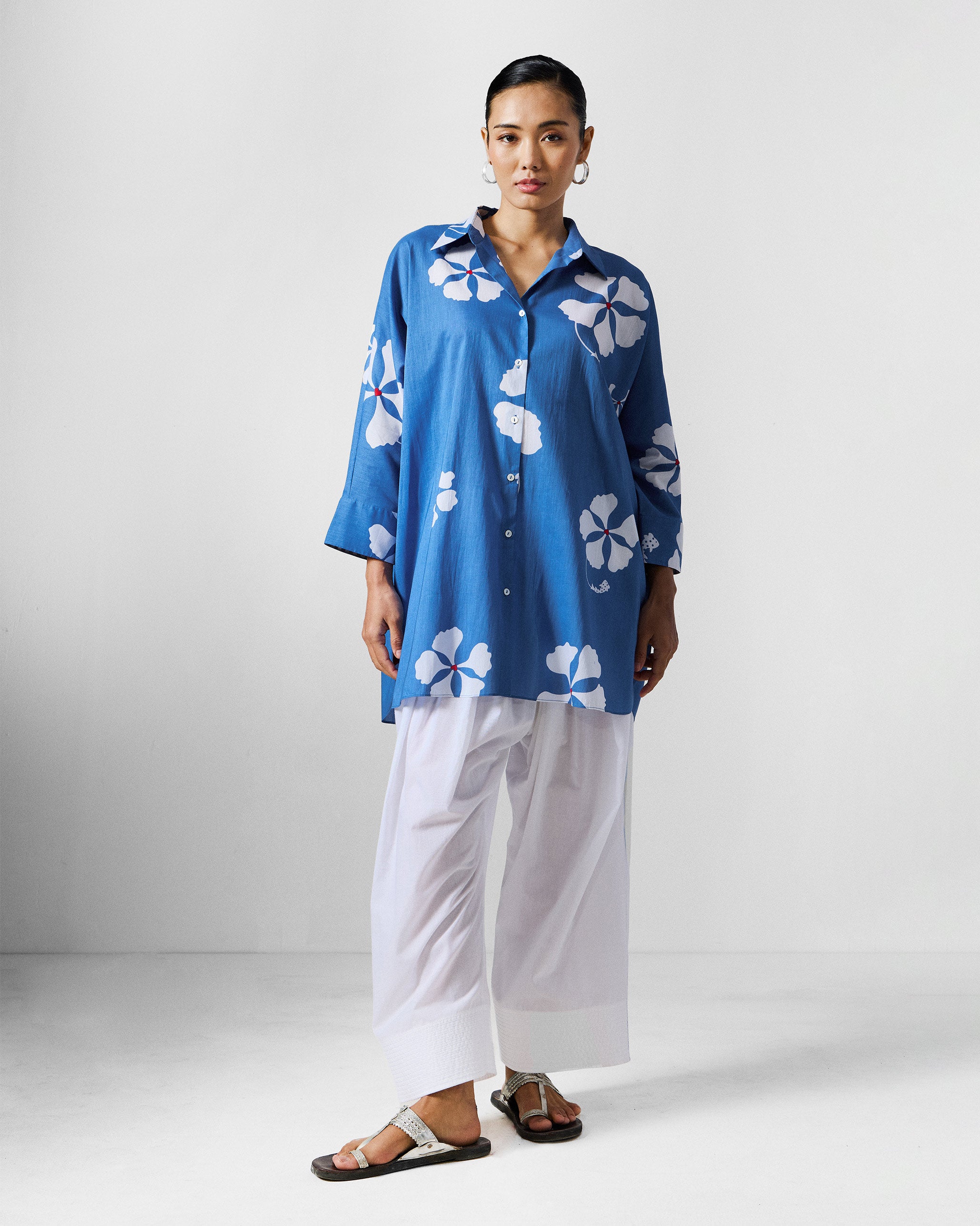 River Boxy Shirt - Blue & White Printed
