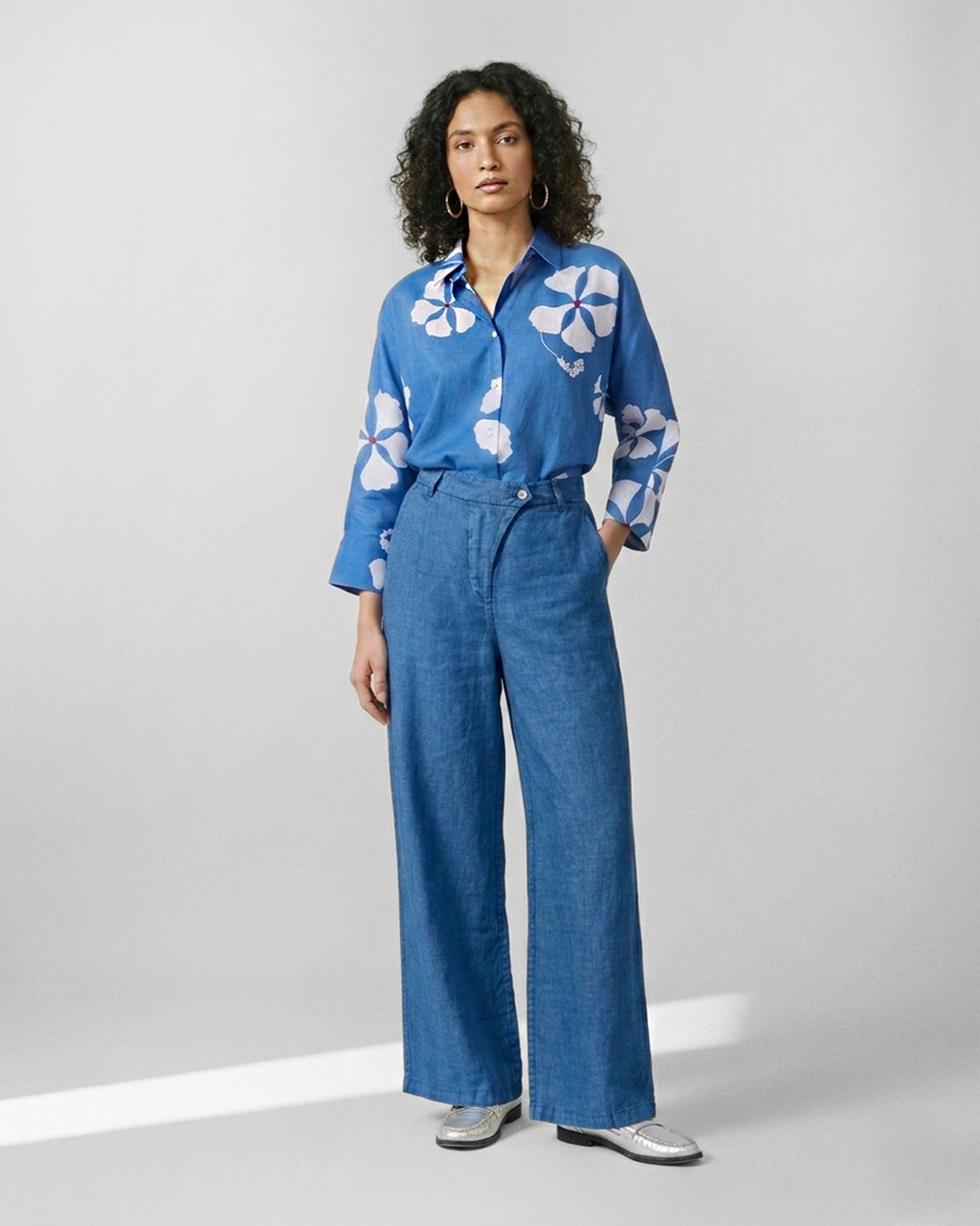 River Boxy Shirt - Blue & White Printed