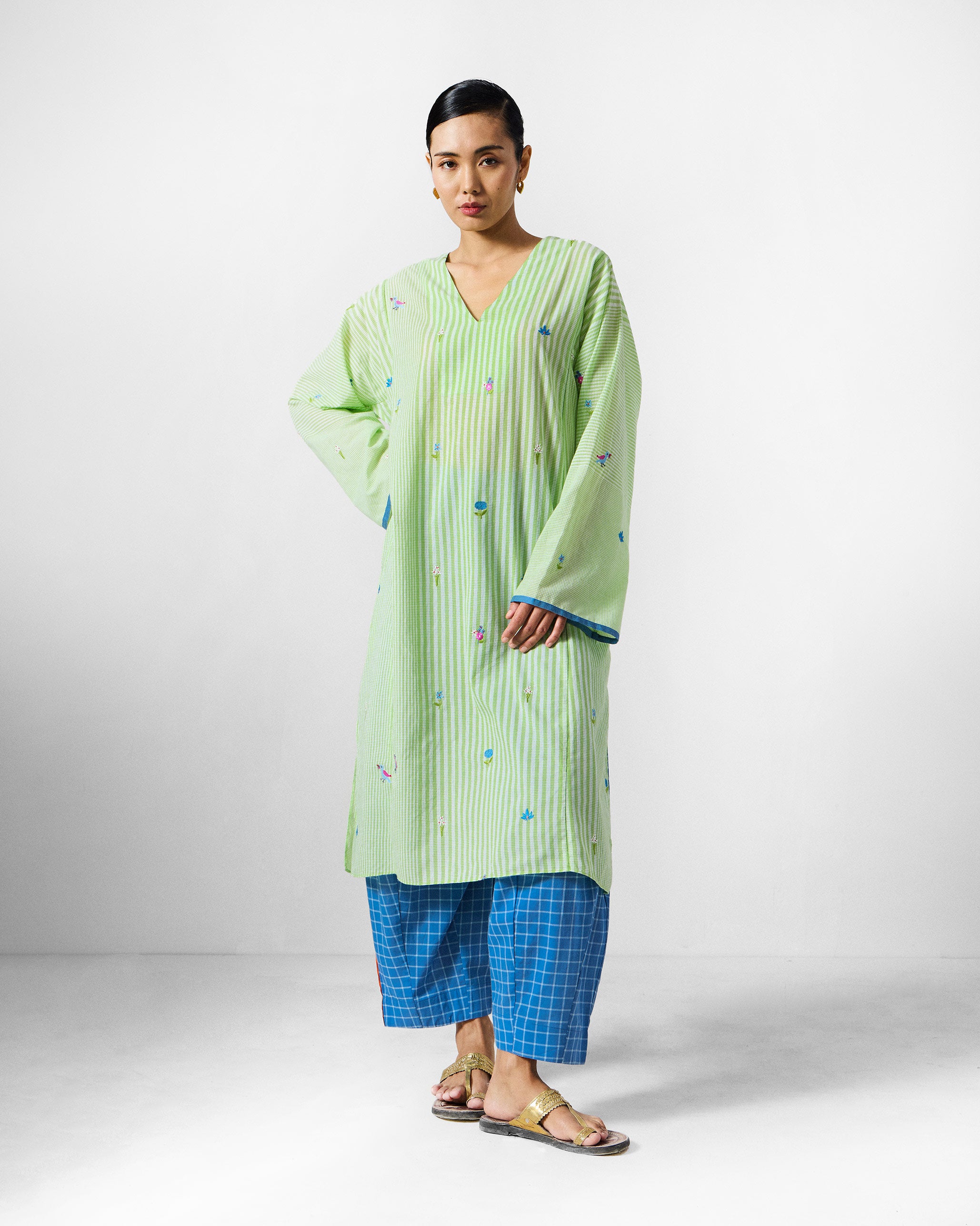 Gigi Kurta - Green & White Embroidered