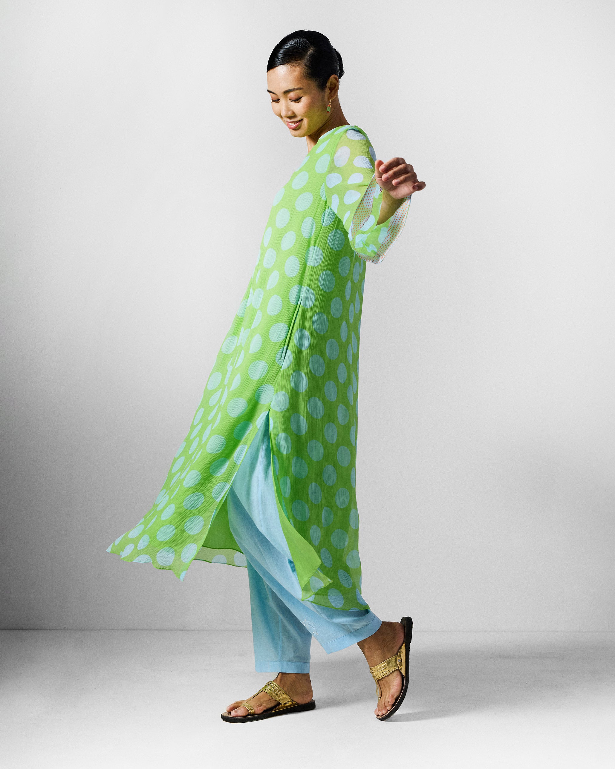Pleated Bell Sleeve Kurta - Green & Blue Printed