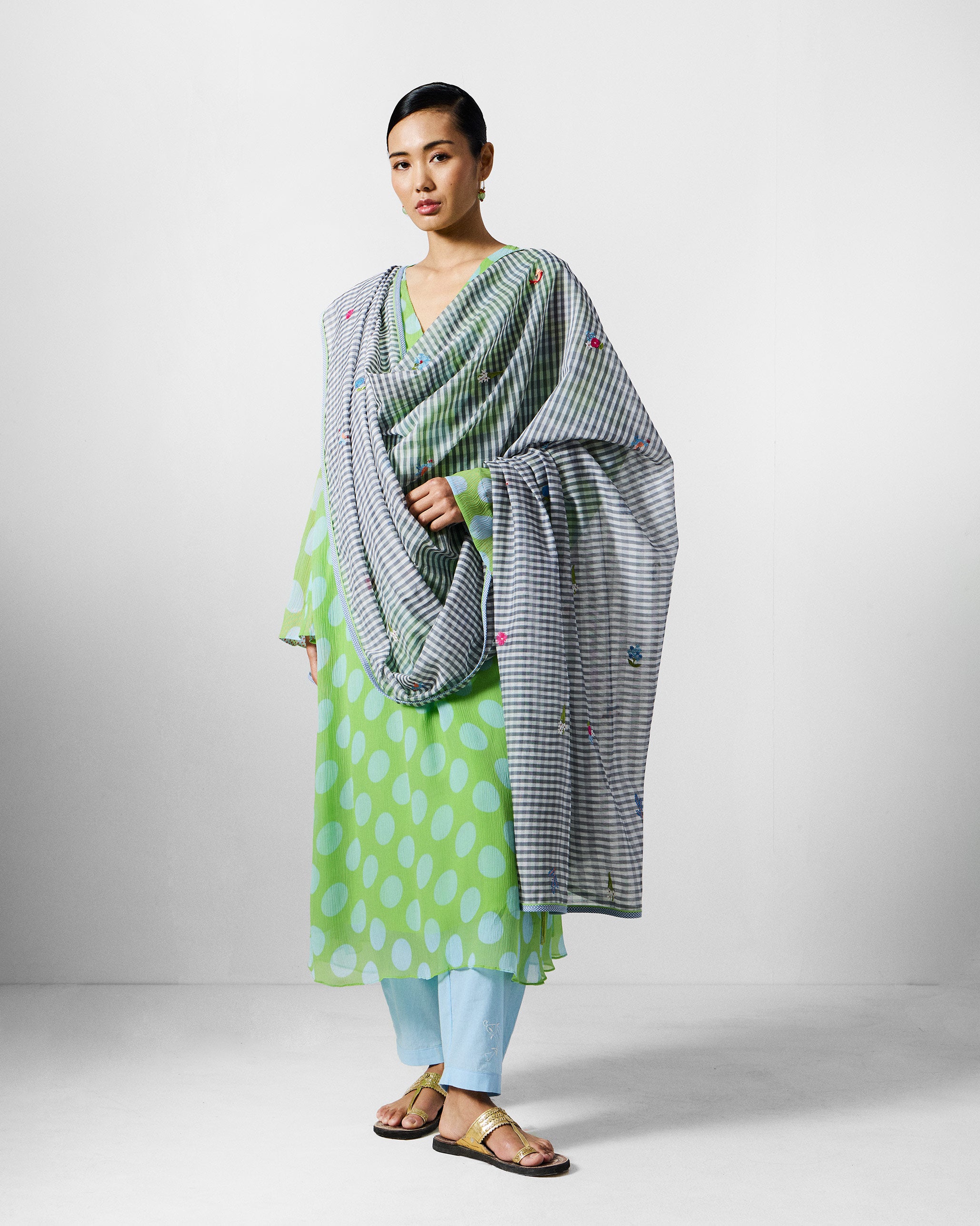 Pleated Bell Sleeve Kurta - Green & Blue Printed