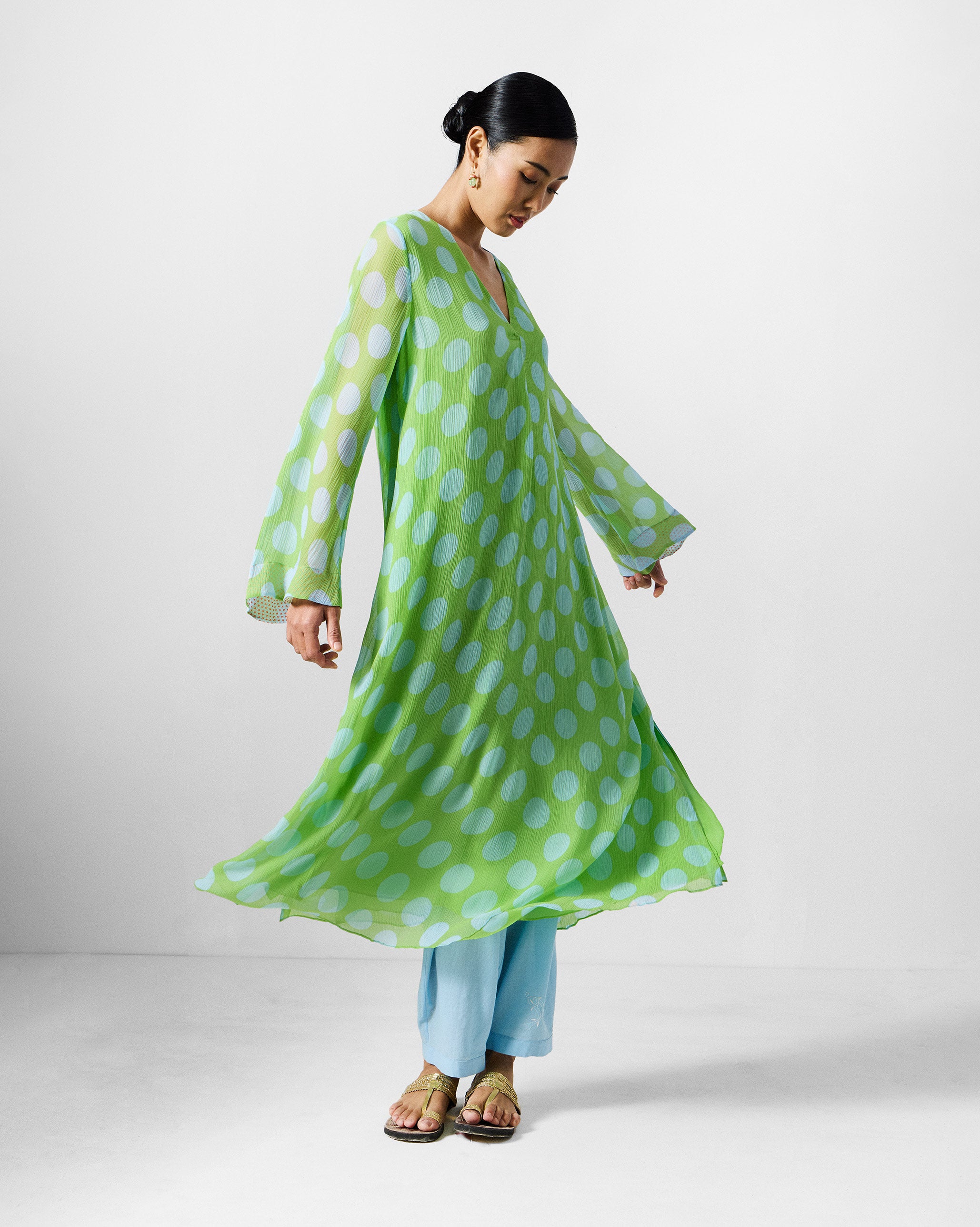 Pleated Bell Sleeve Kurta - Green & Blue Printed
