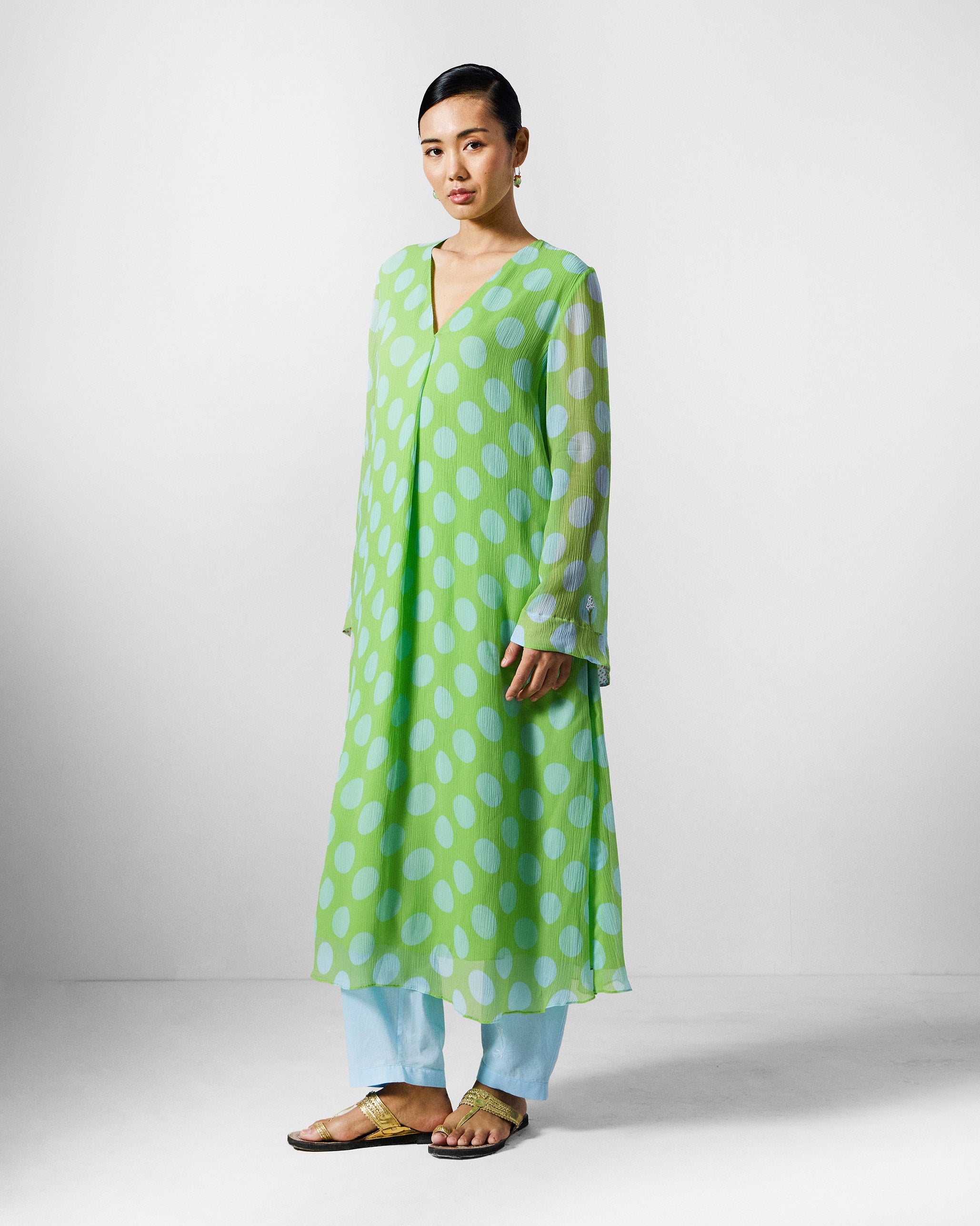 Pleated Bell Sleeve Kurta - Green & Blue Printed