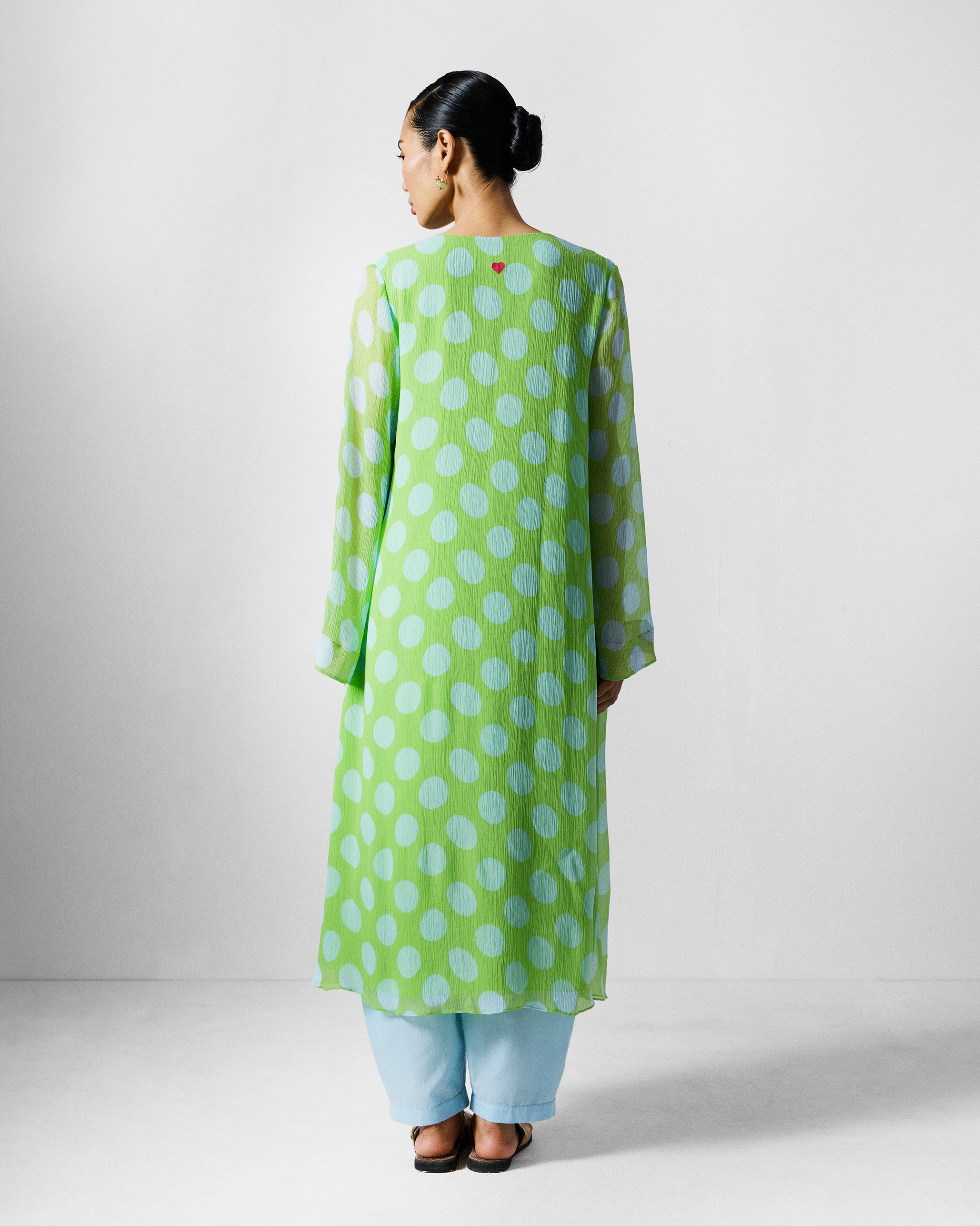 Pleated Bell Sleeve Kurta - Green & Blue Printed