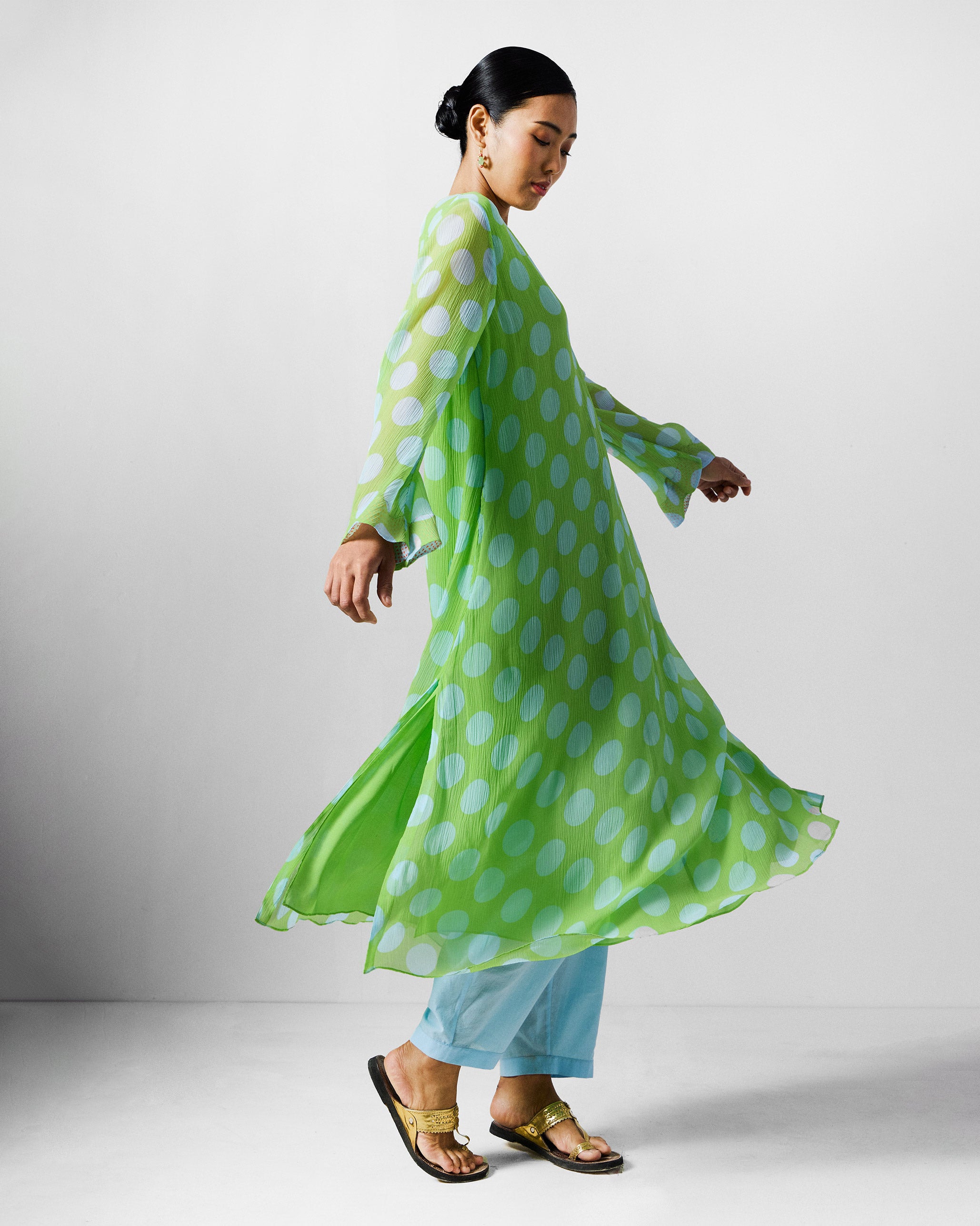 Pleated Bell Sleeve Kurta - Green & Blue Printed