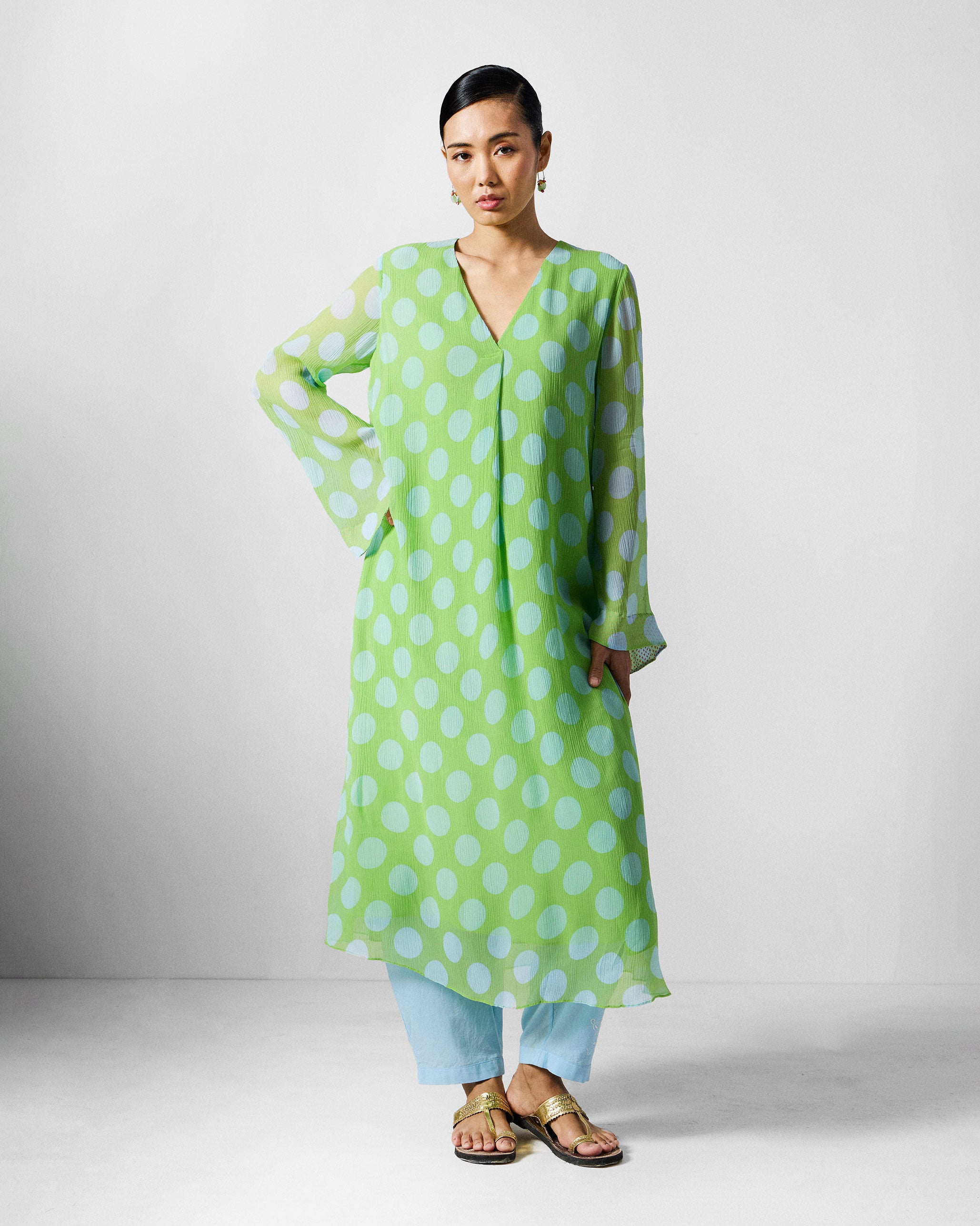 Pleated Bell Sleeve Kurta - Green & Blue Printed