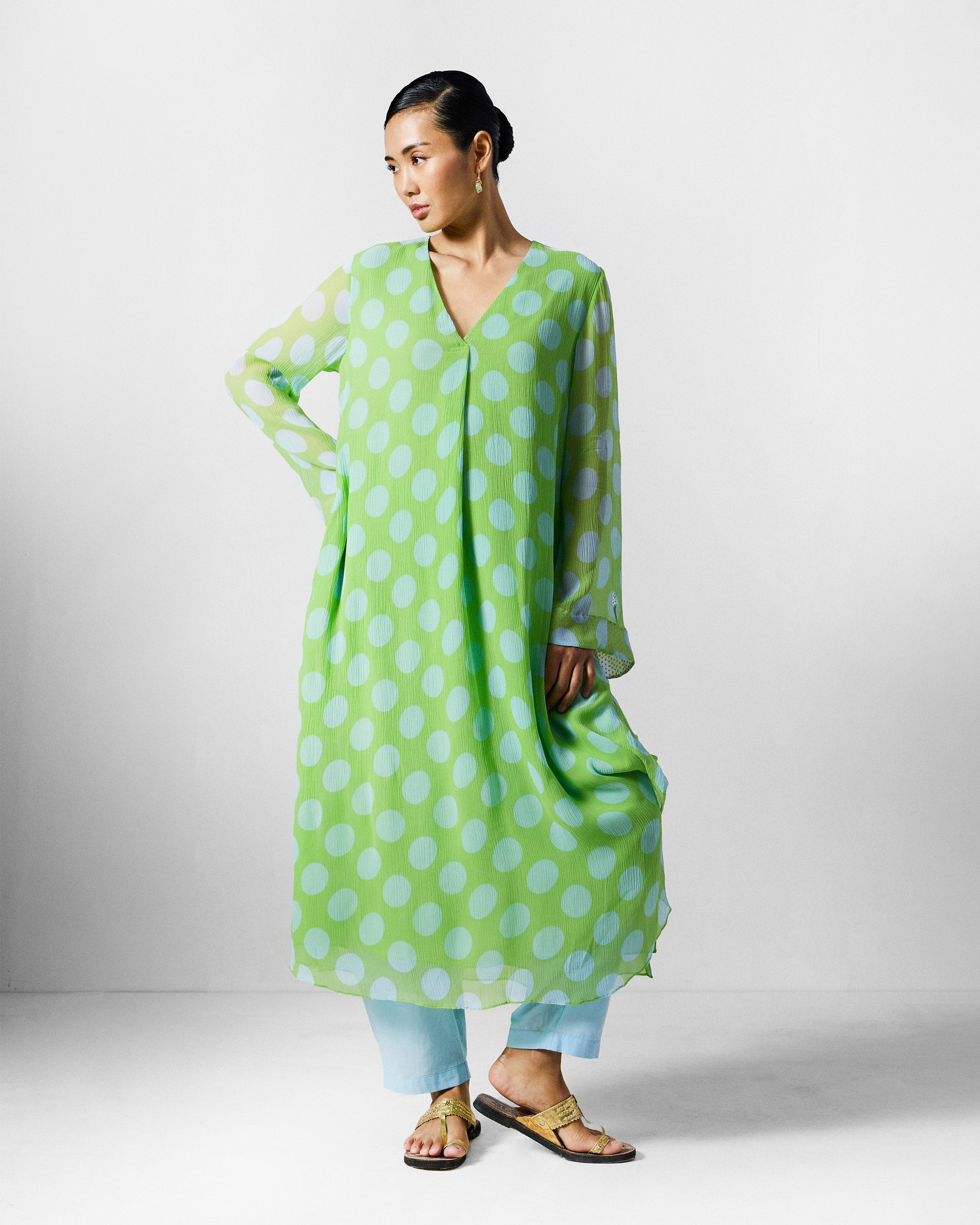 Pleated Bell Sleeve Kurta - Green & Blue Printed