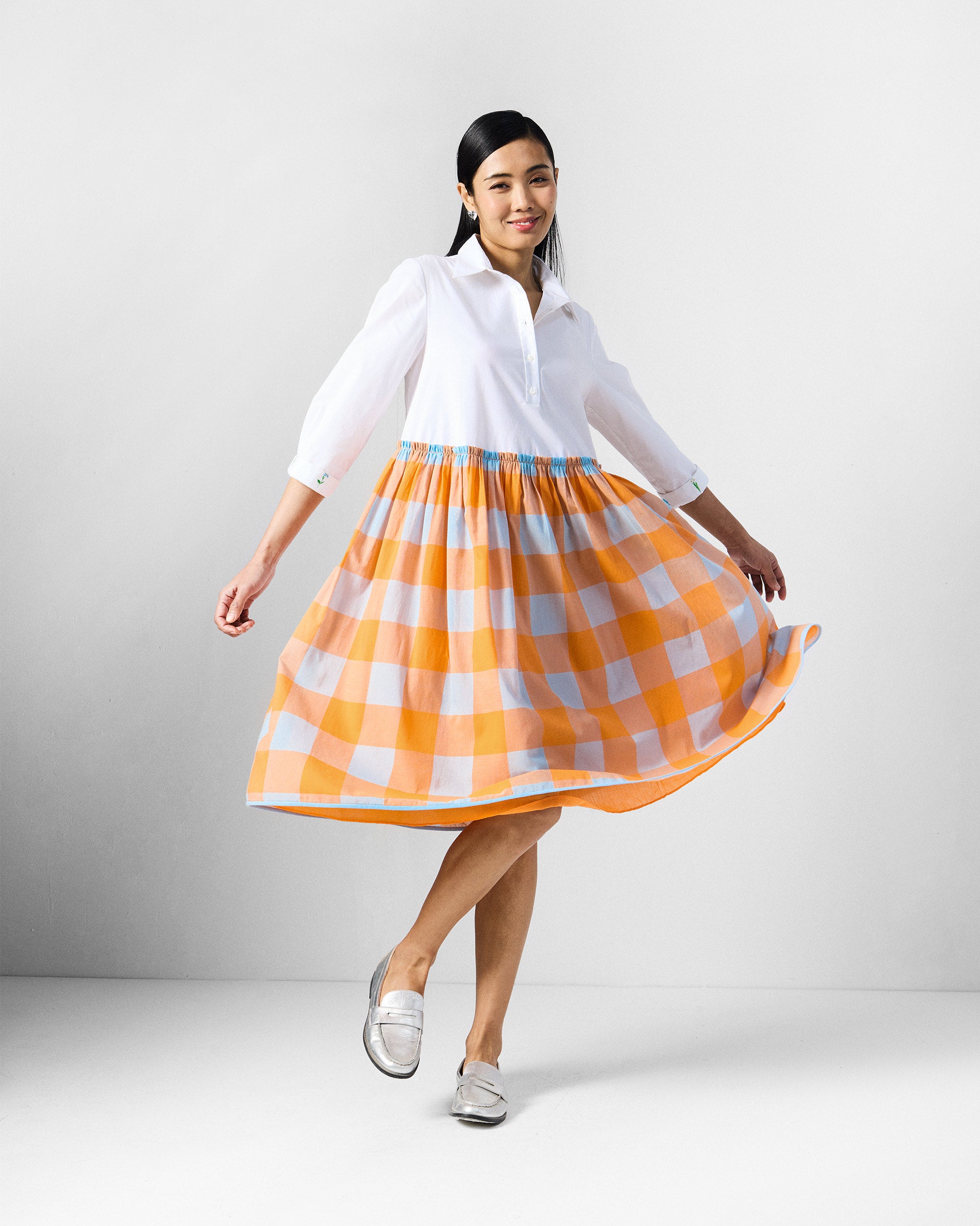 Kavi Dress - White & Orange Checks