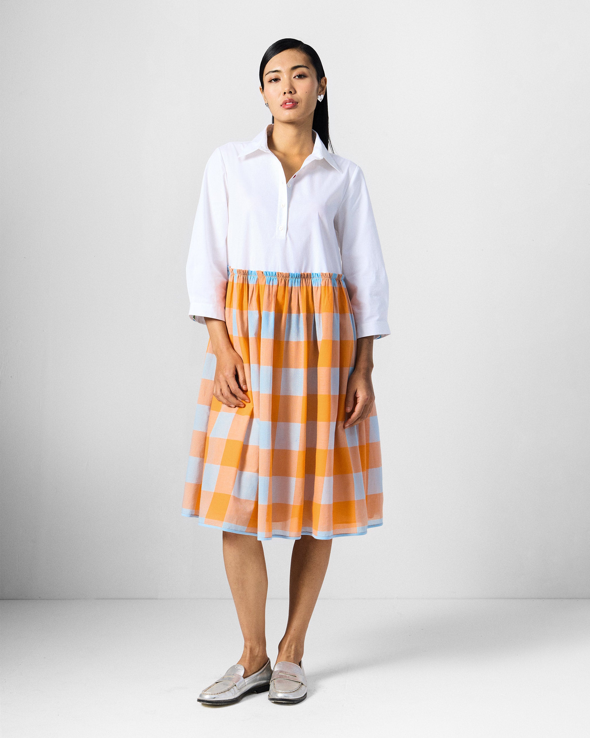 Kavi Dress - White & Orange Checks