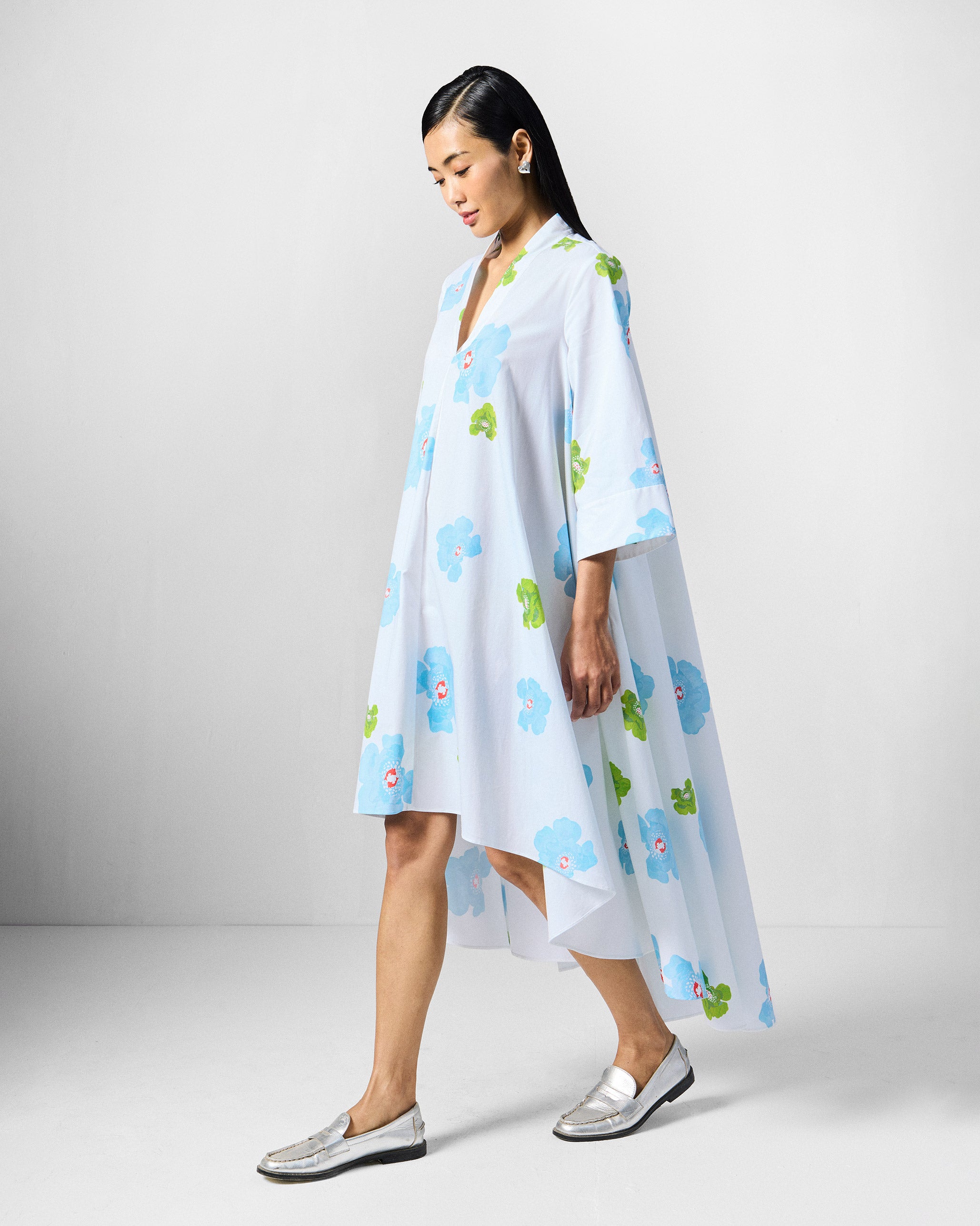 Nava Dress - White & Blue Printed