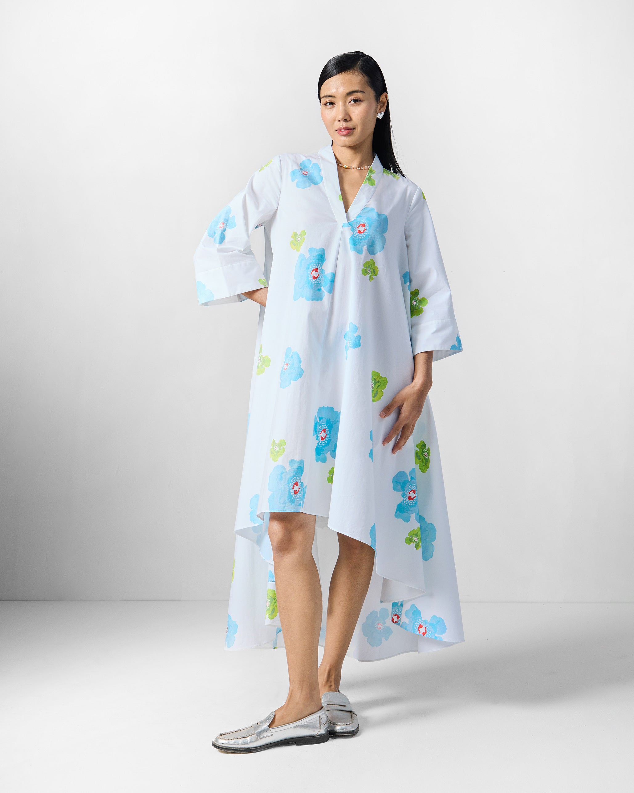 Nava Dress - White & Blue Printed