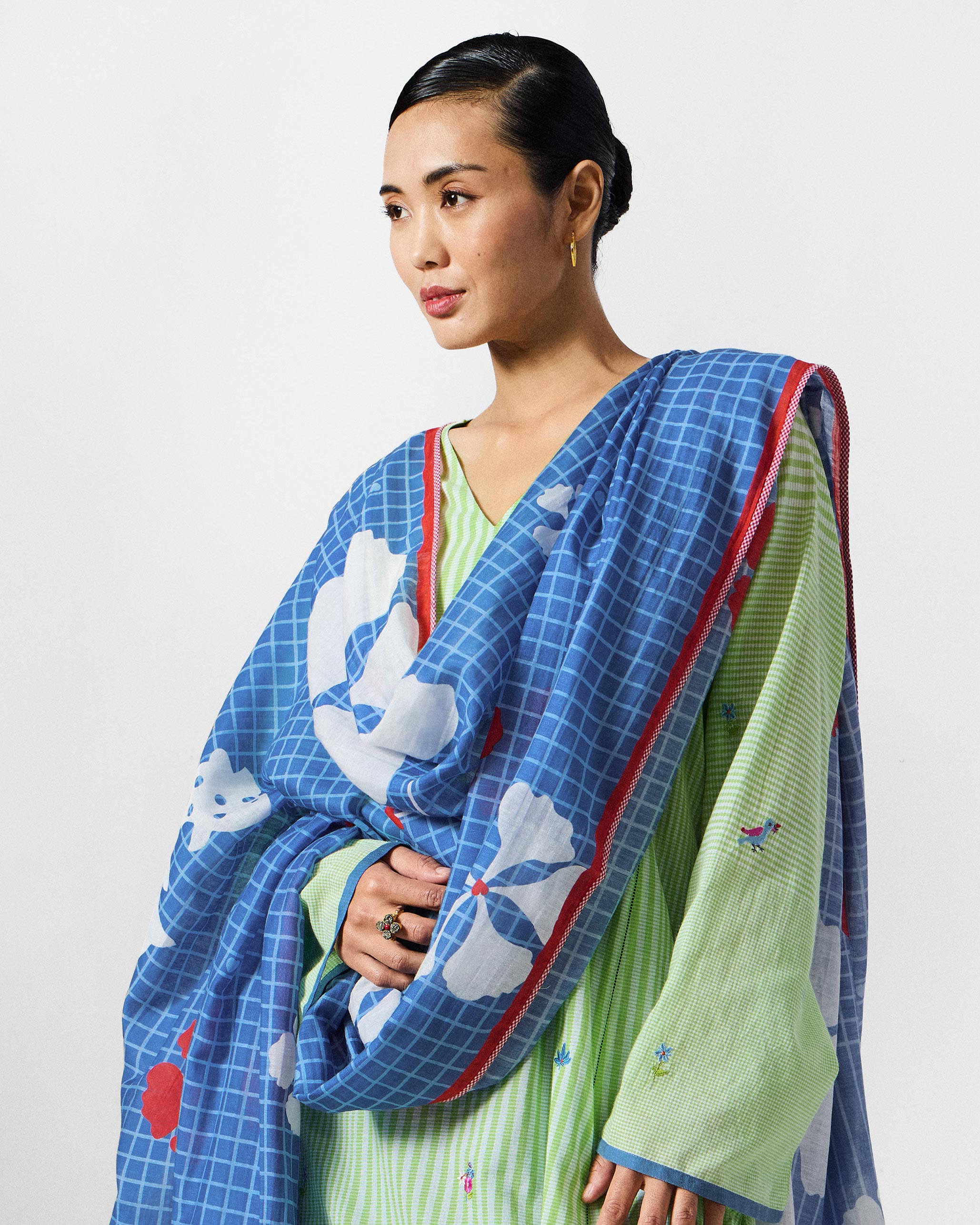 River Dupatta - Blue & Red Printed
