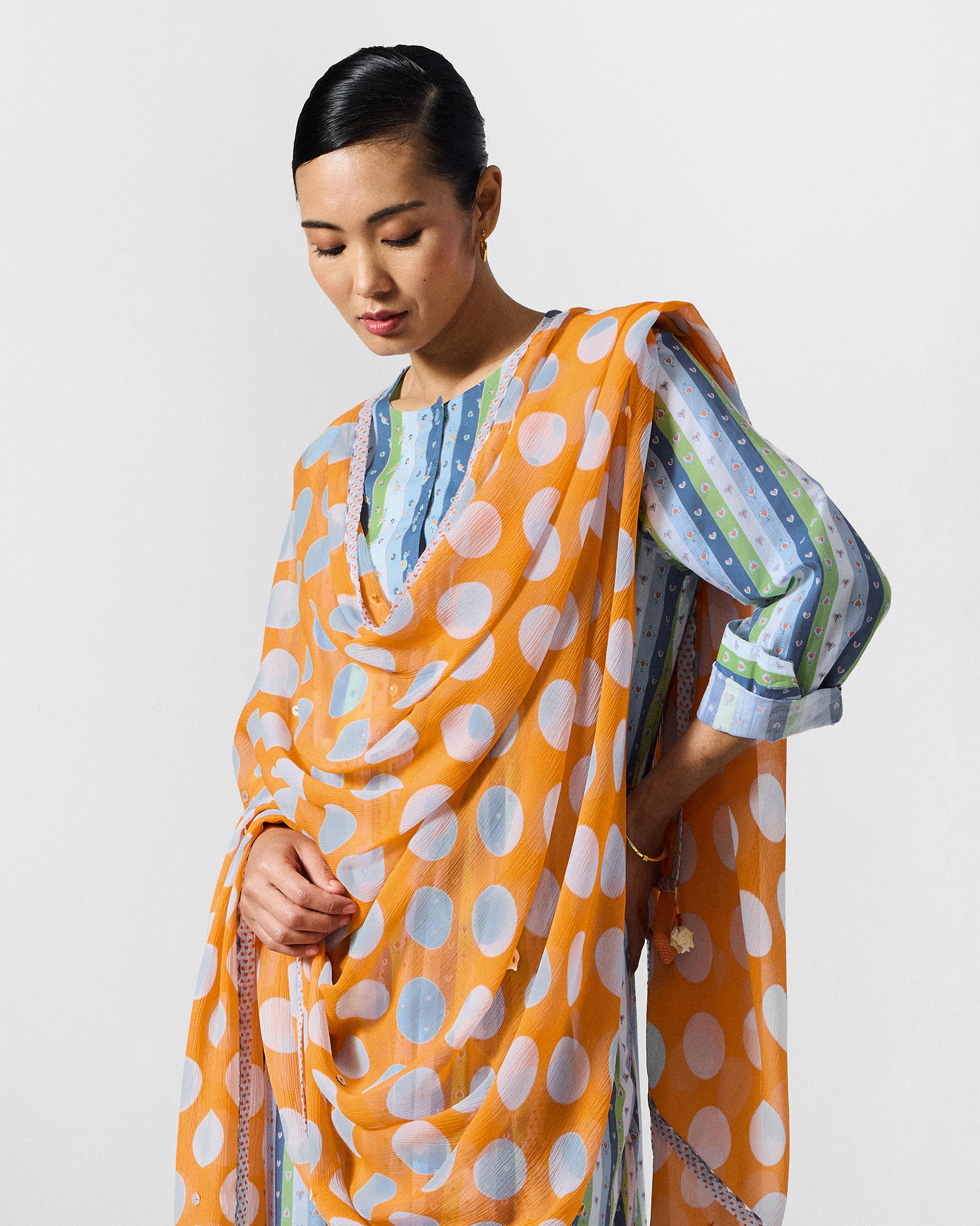Dot Dupatta - Orange & Ice Blue Printed