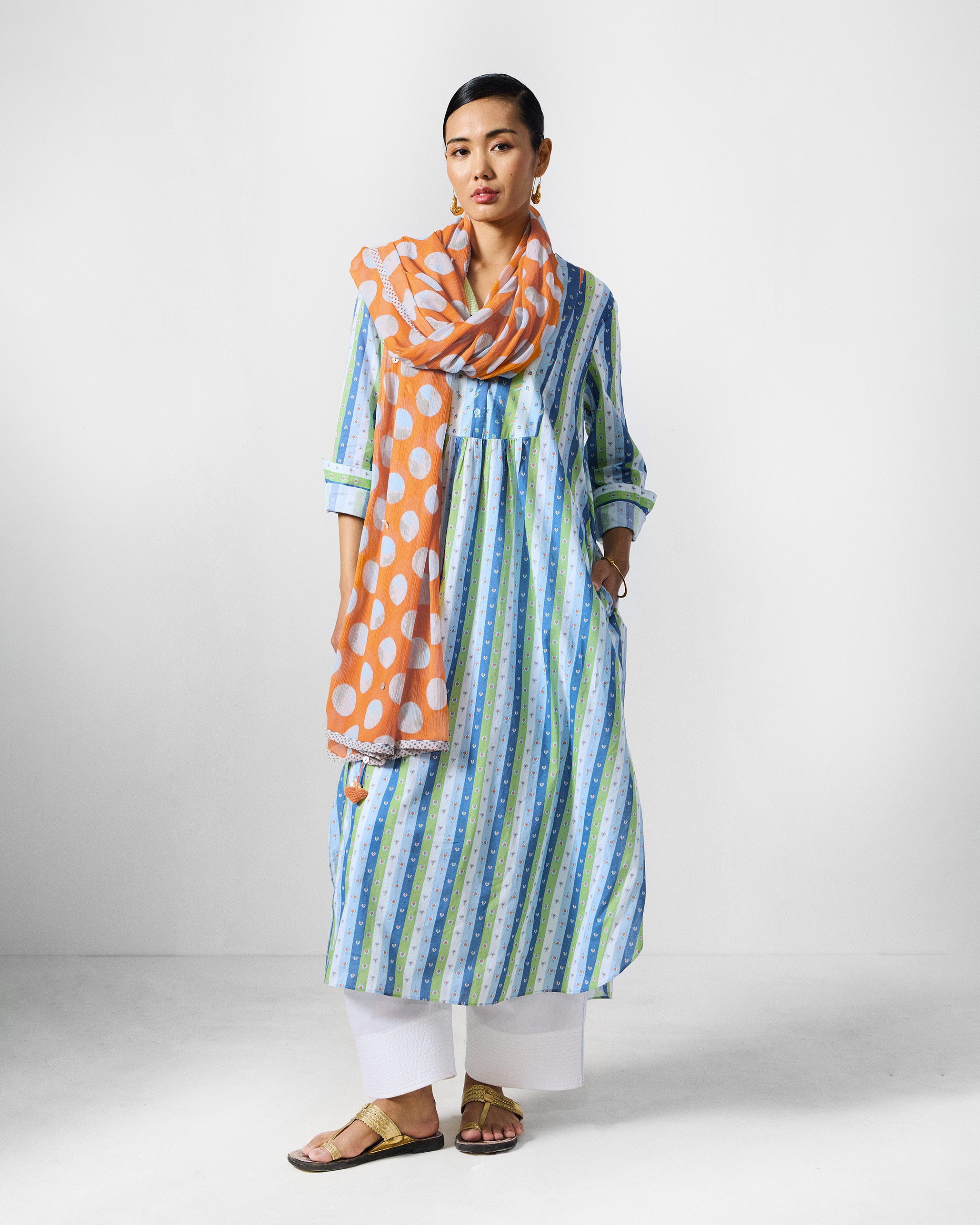 Dot Dupatta - Orange & Ice Blue Printed