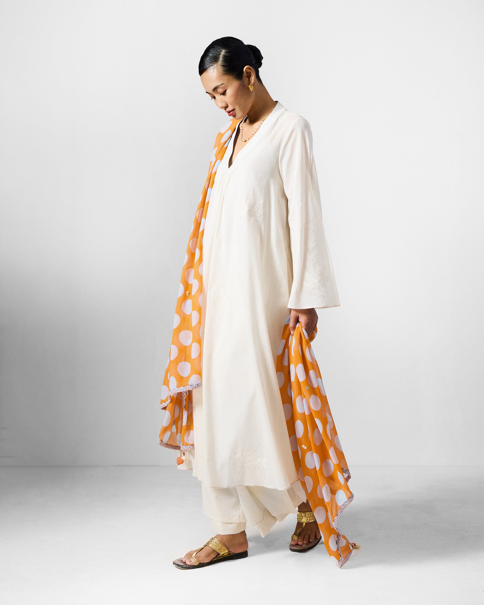 Dot Dupatta - Orange & Ice Blue Printed