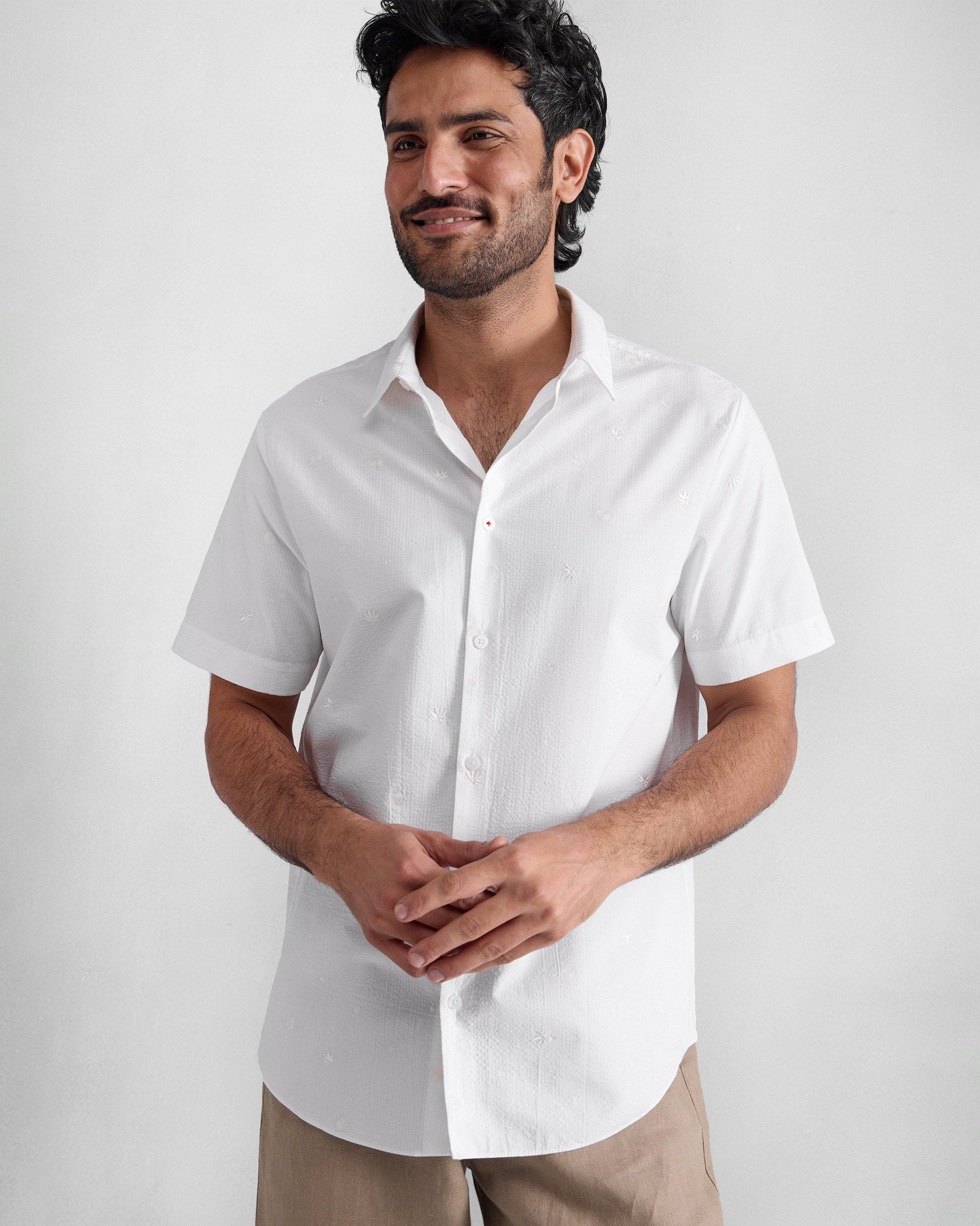 Half Sleeve Shirt - White Embroidered