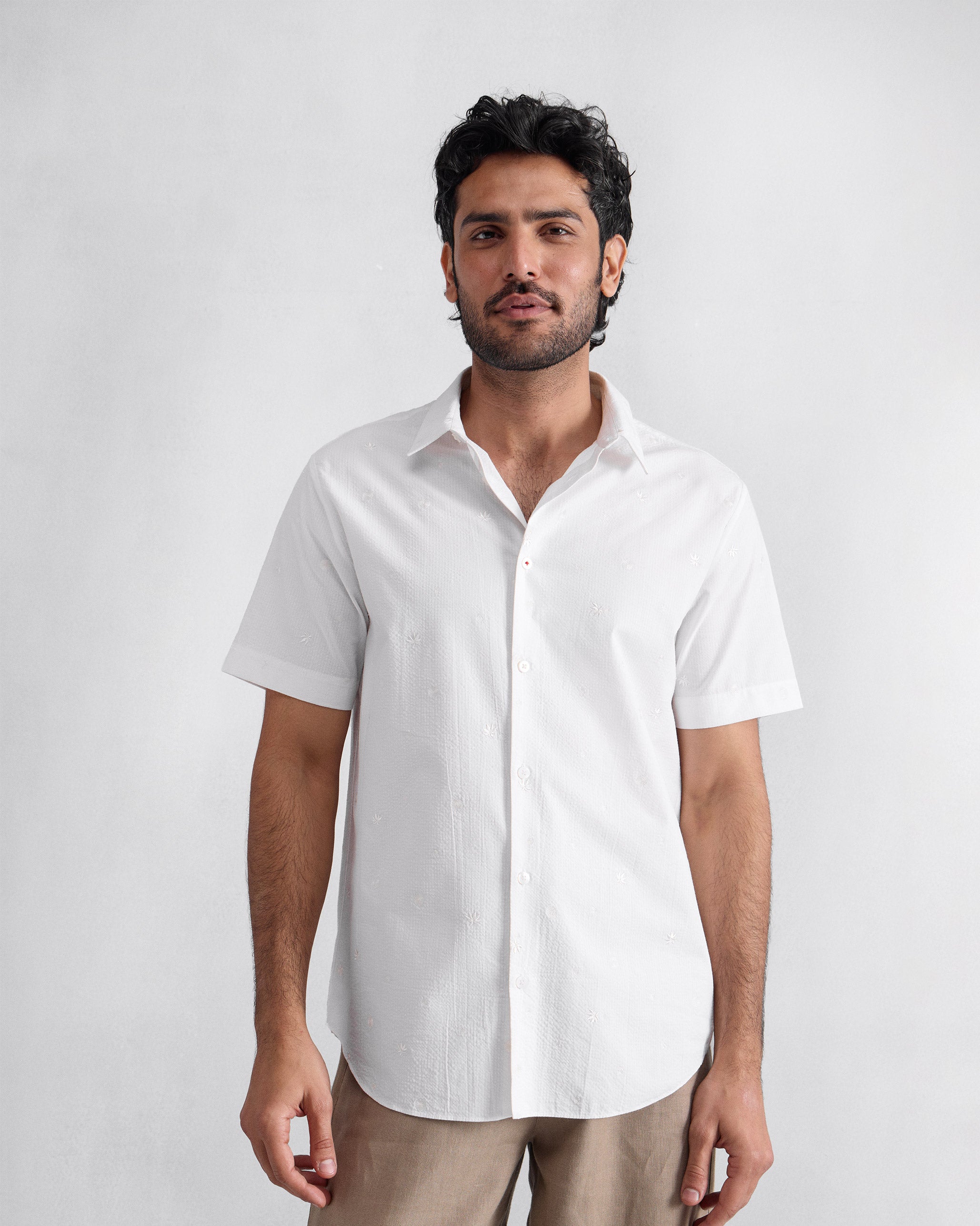 Half Sleeve Shirt - White Embroidered