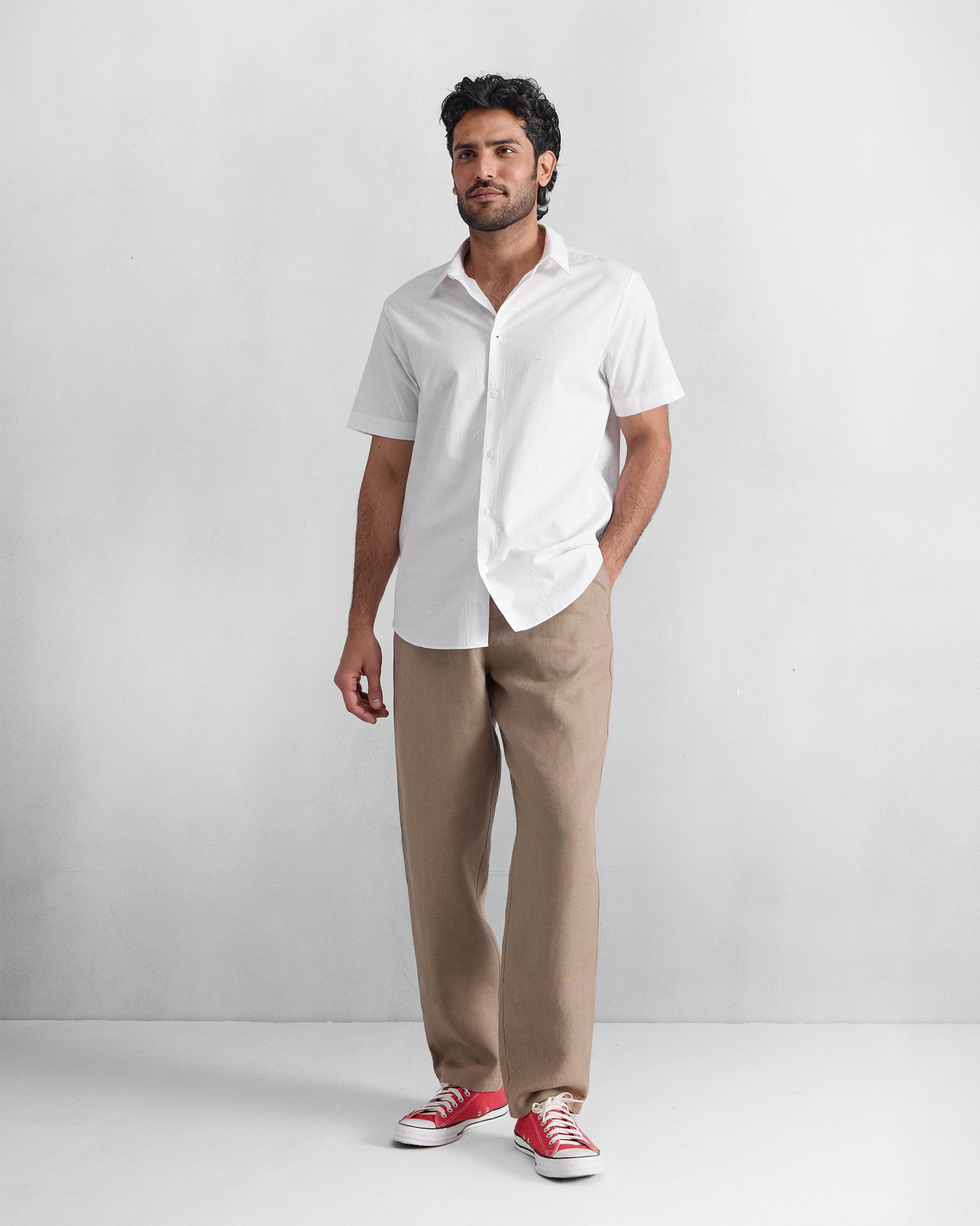 Half Sleeve Shirt - White Embroidered