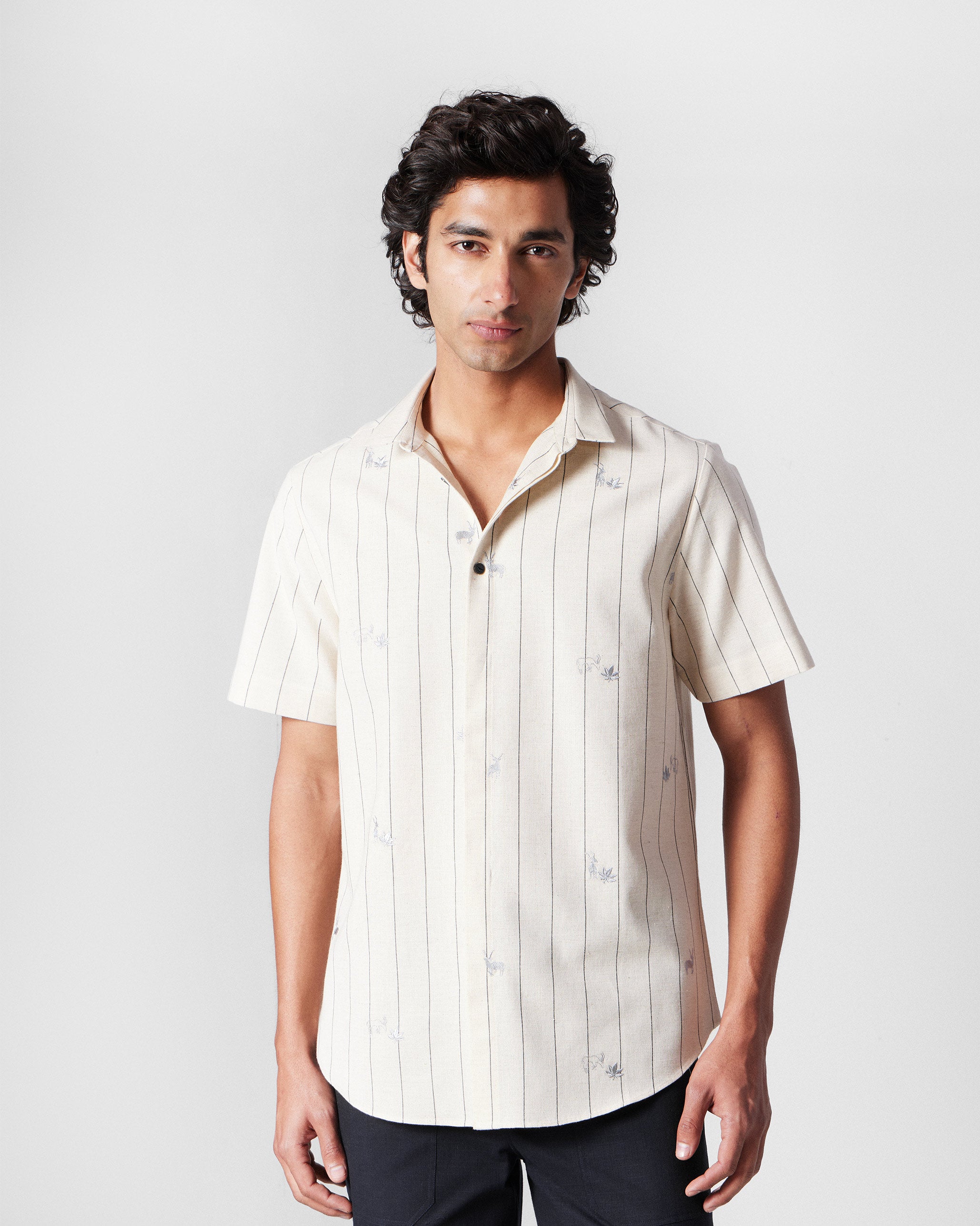 Riverine Shirt - Ivory & Charcoal Embroidered