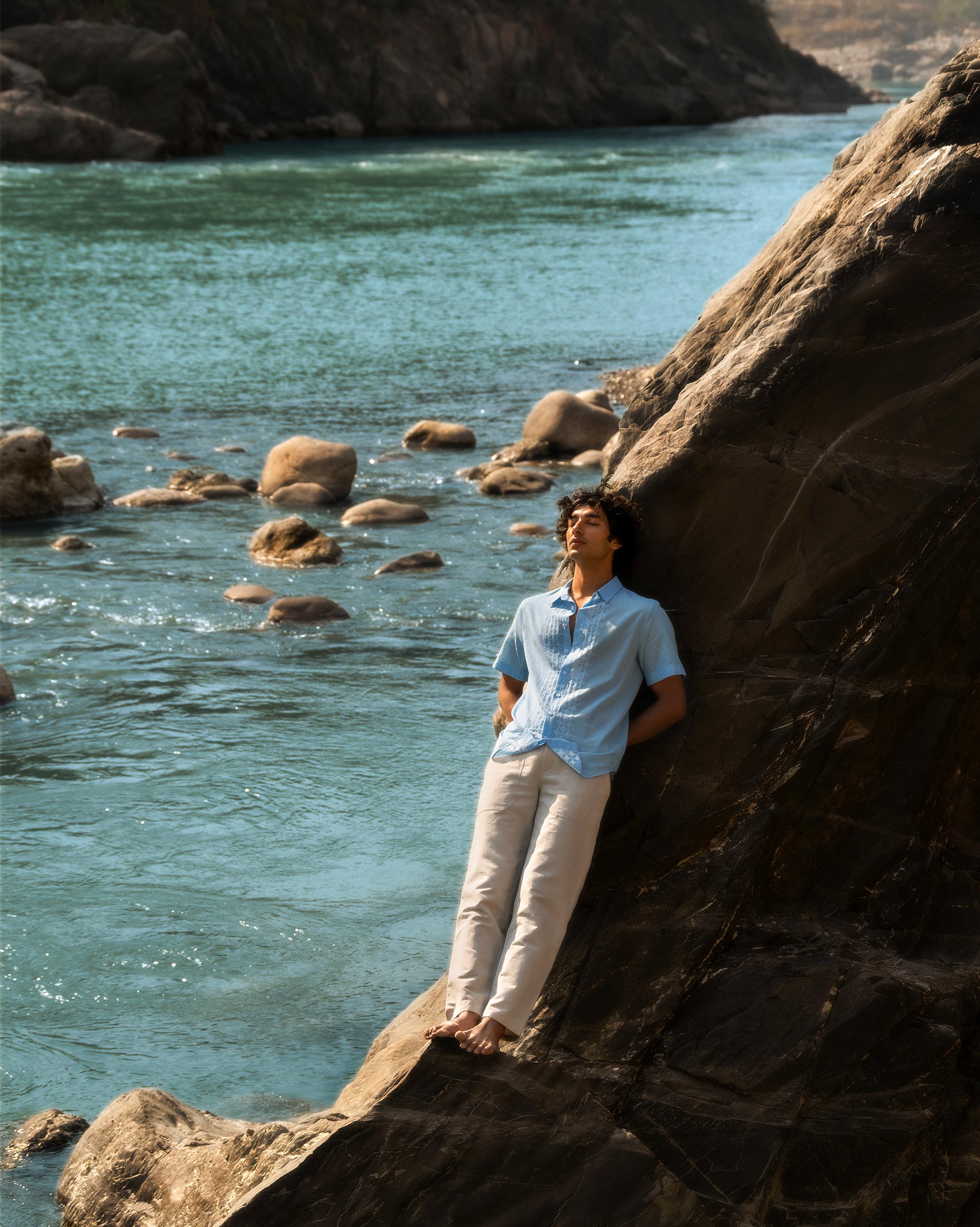 Half Sleeve Shirt - Light Blue Embroidered