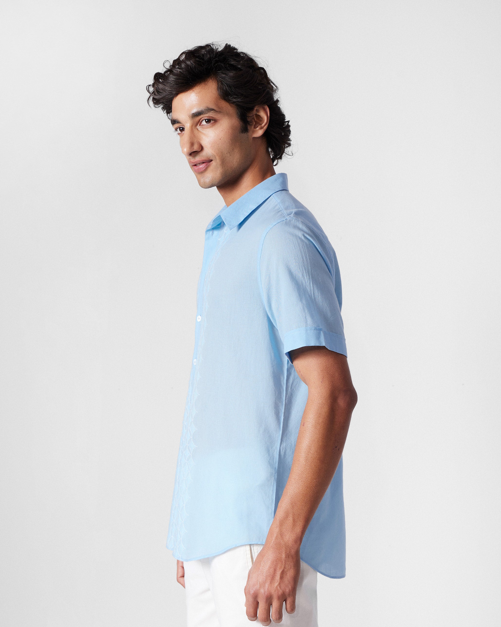 Half Sleeve Shirt - Light Blue Embroidered