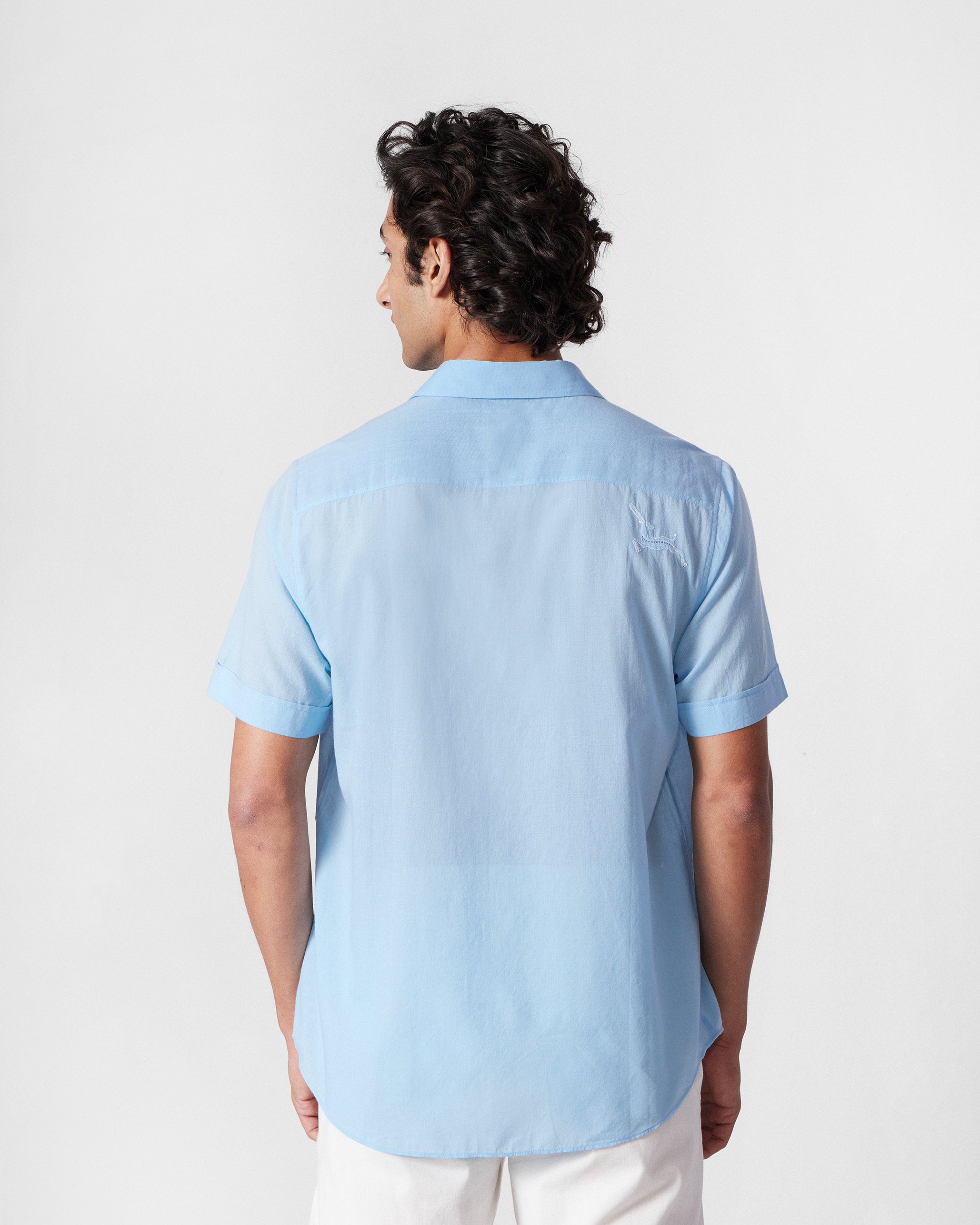 Half Sleeve Shirt - Light Blue Embroidered
