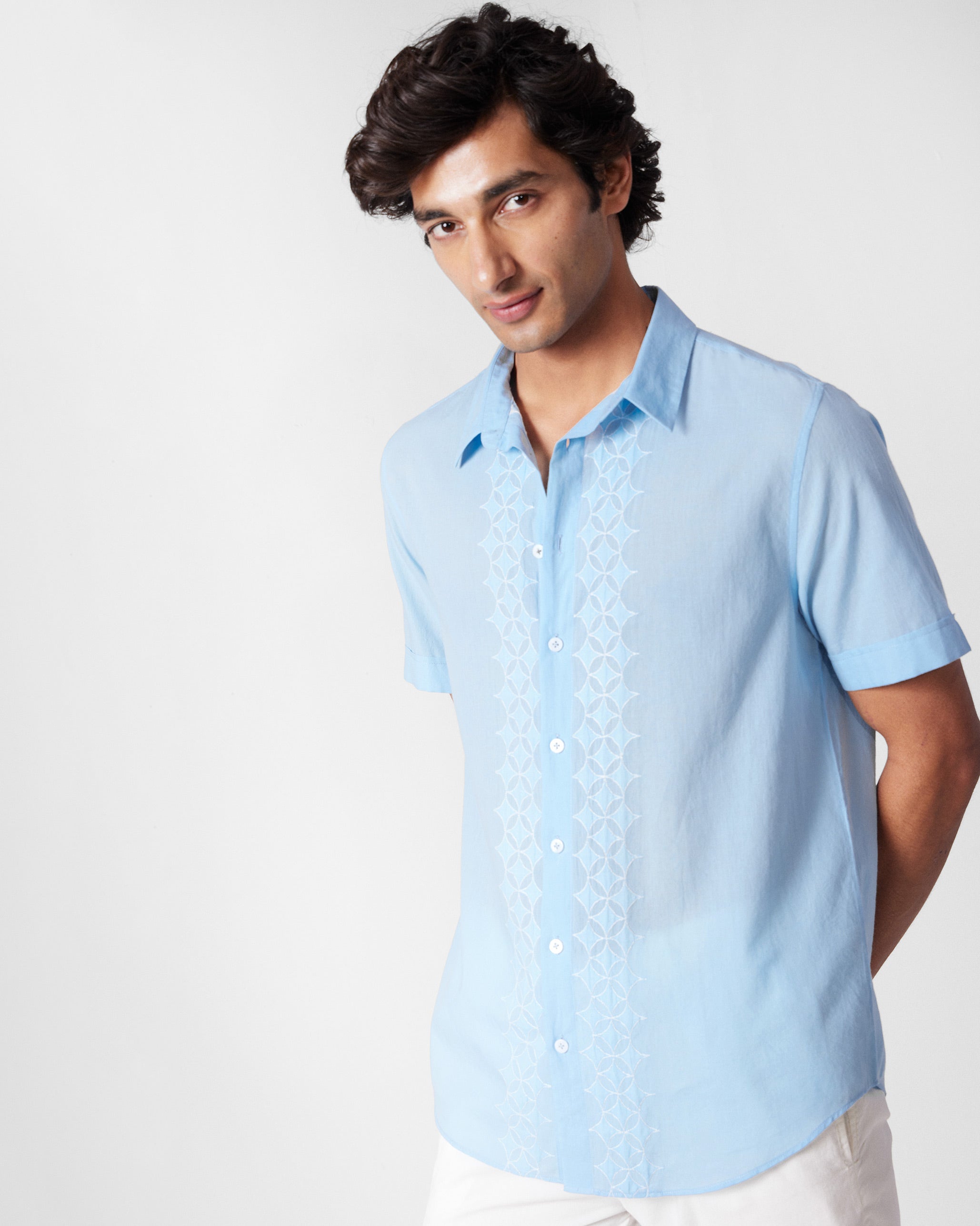 Half Sleeve Shirt - Light Blue Embroidered