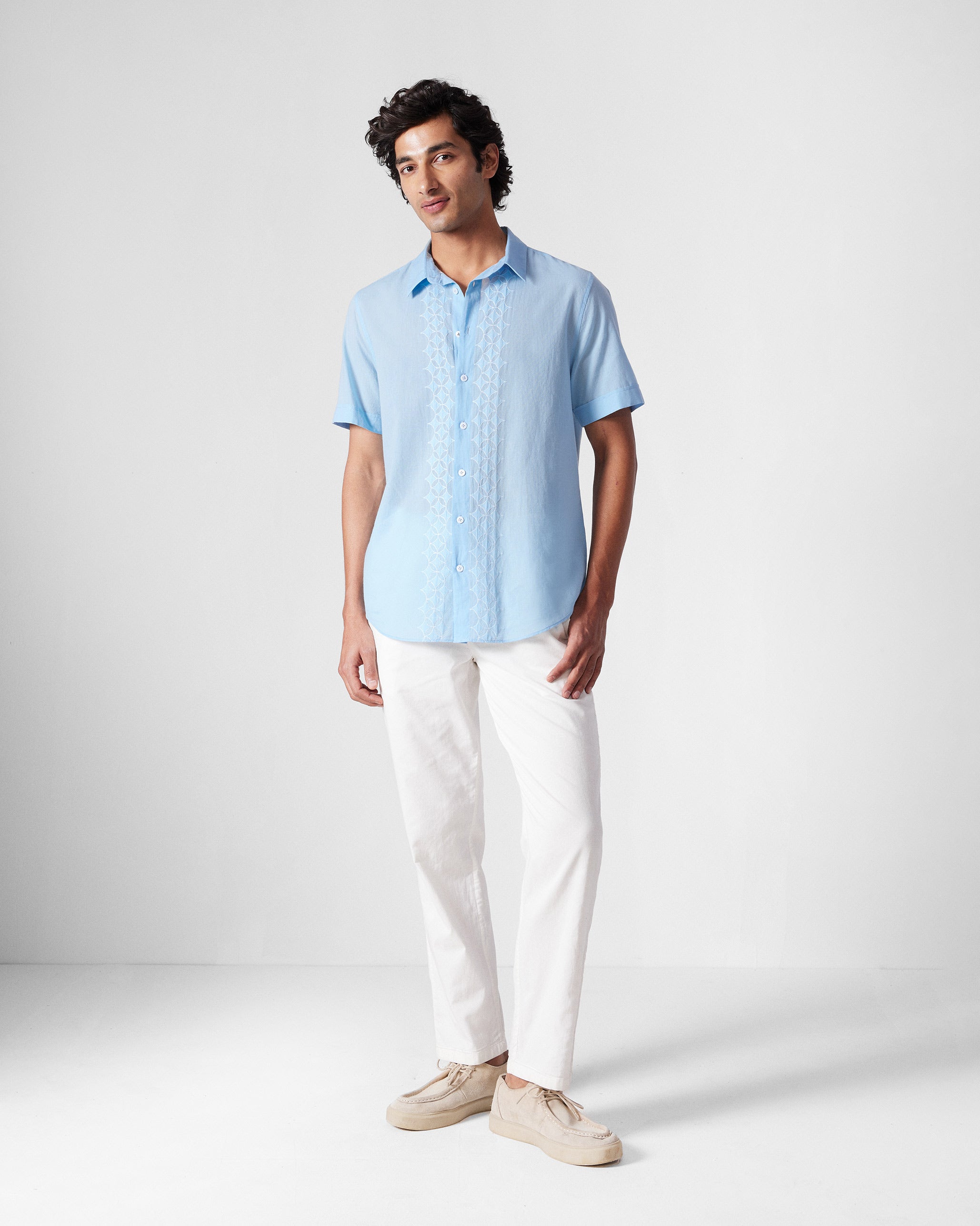 Half Sleeve Shirt - Light Blue Embroidered