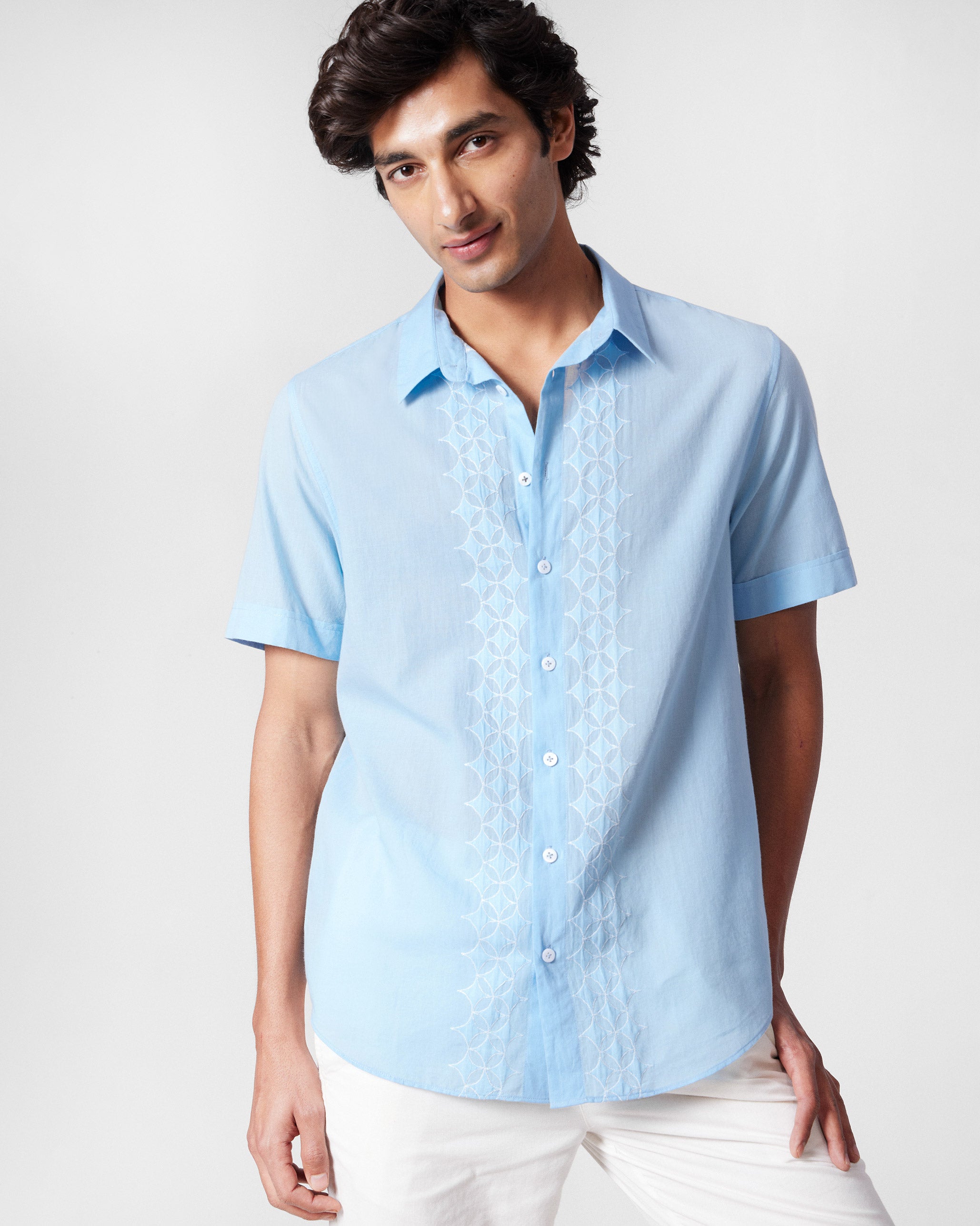Half Sleeve Shirt - Light Blue Embroidered