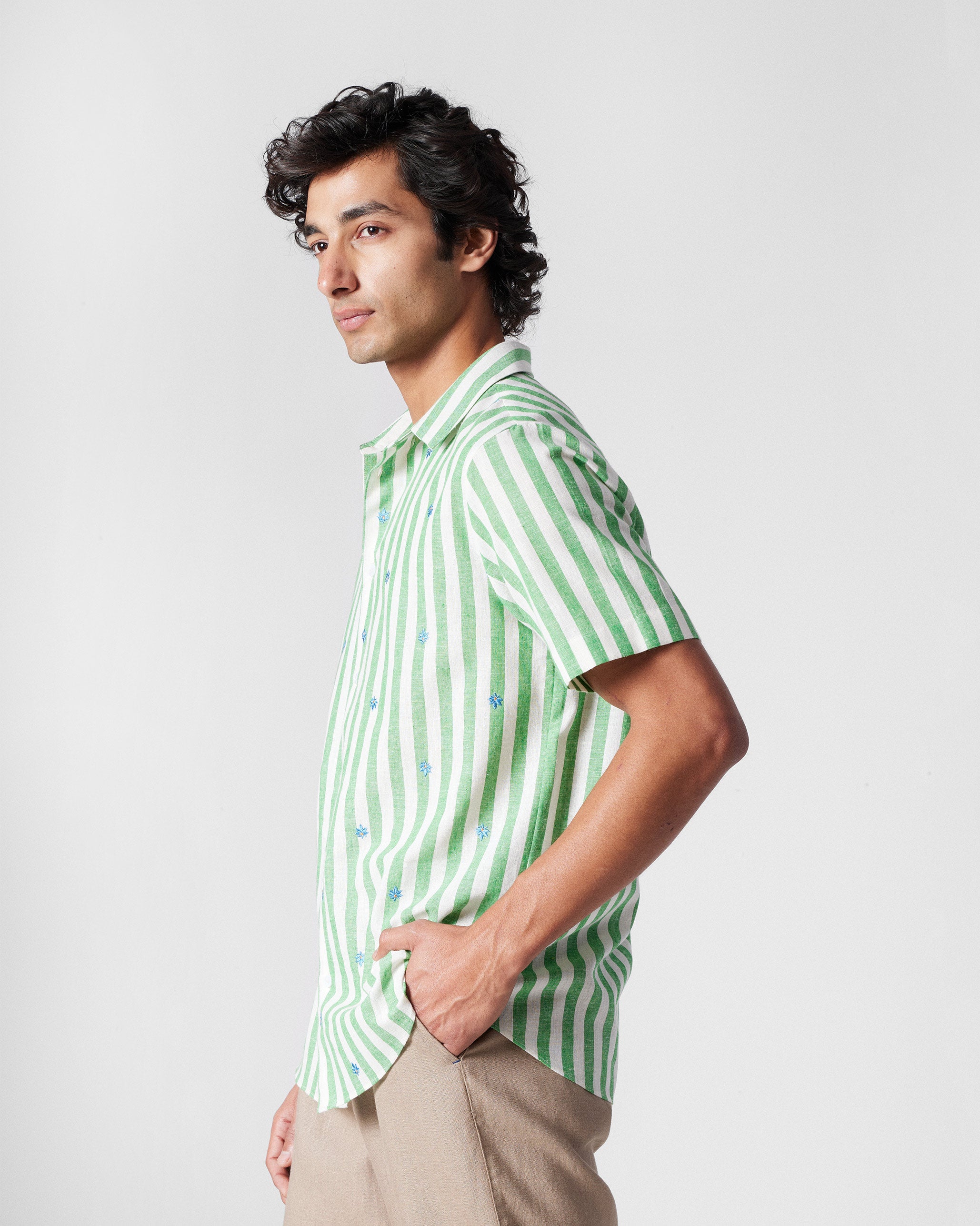 Half Sleeve Shirt - Light Green Embroidered