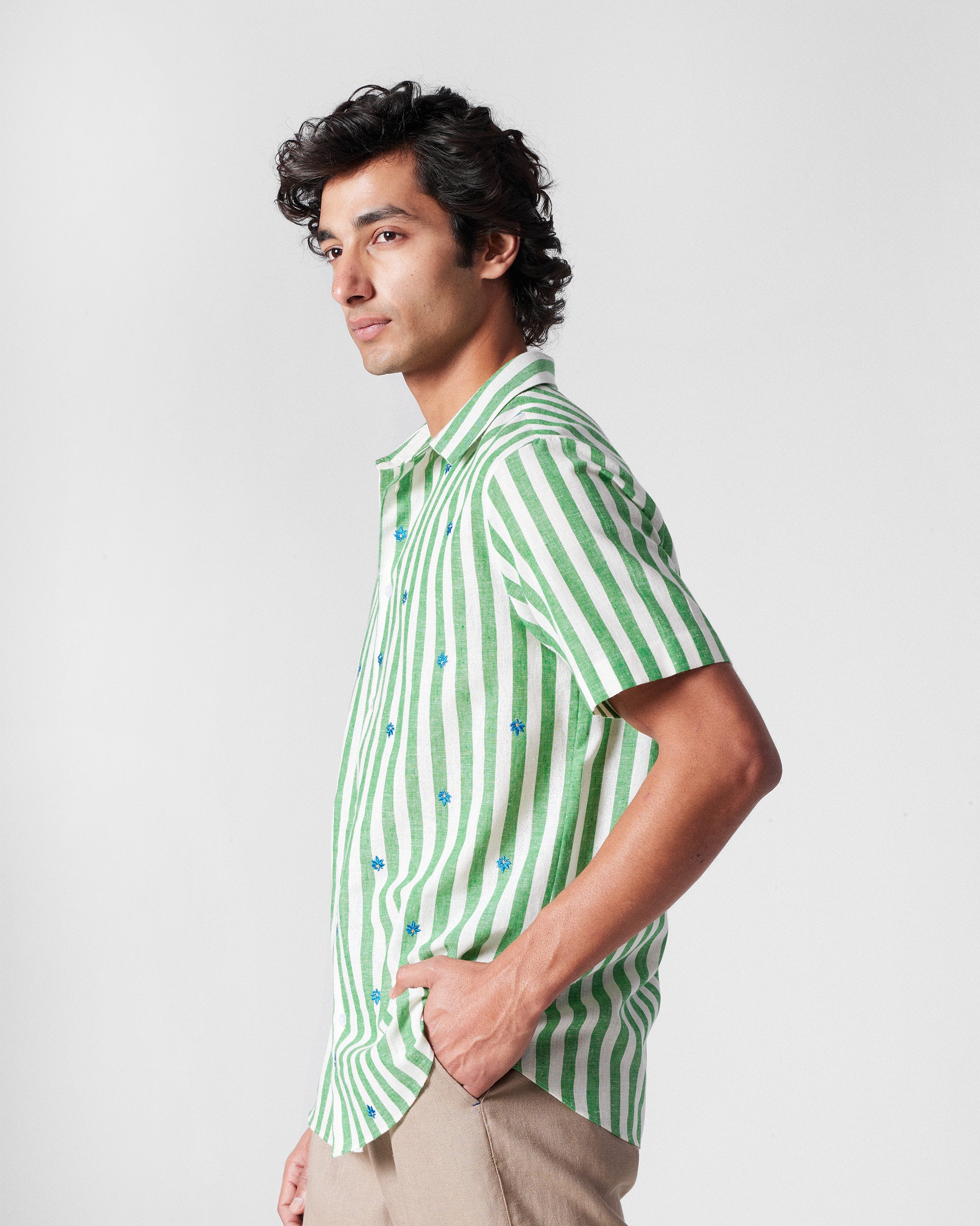 Half Sleeve Shirt - Light Green Embroidered