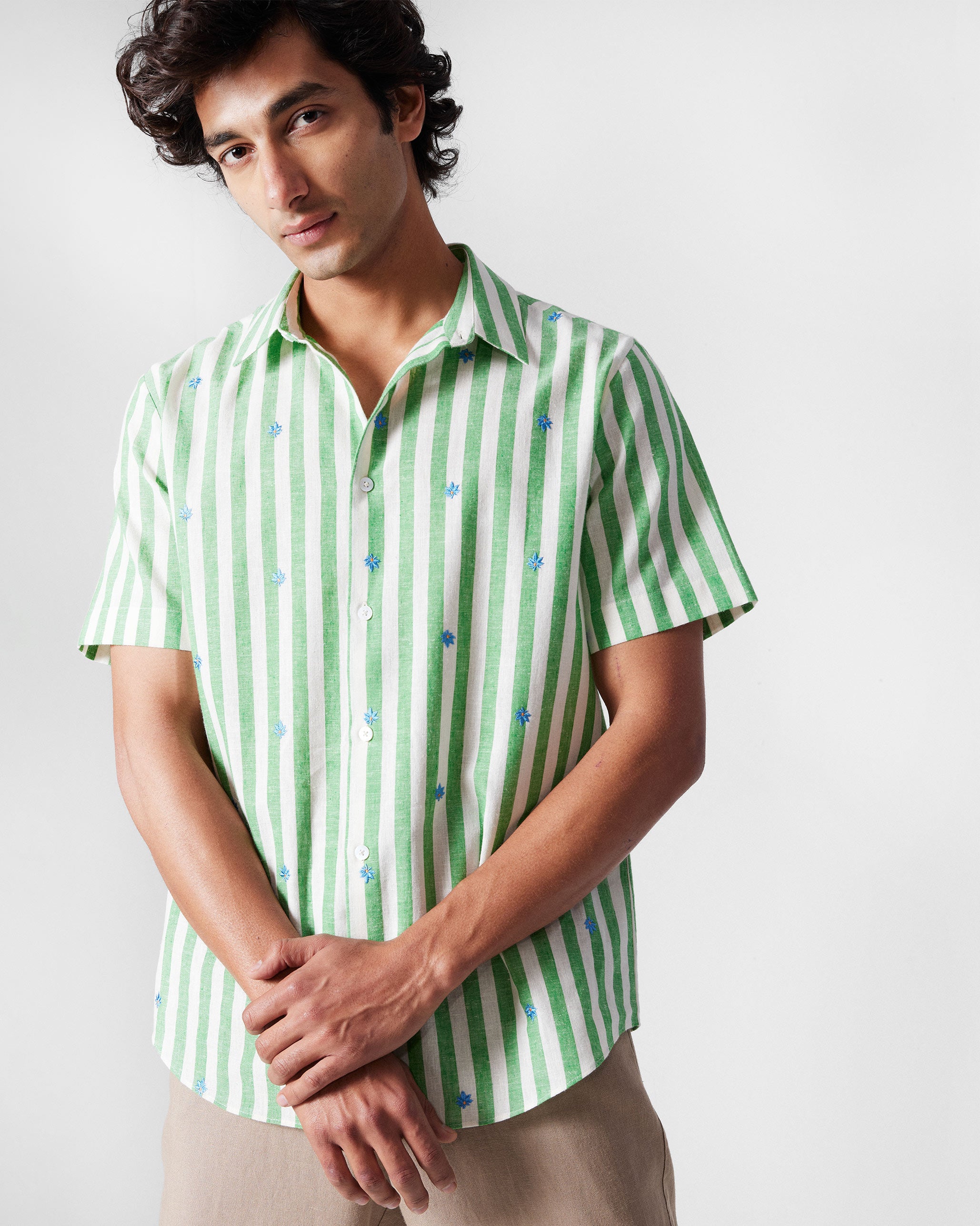 Half Sleeve Shirt - Light Green Embroidered