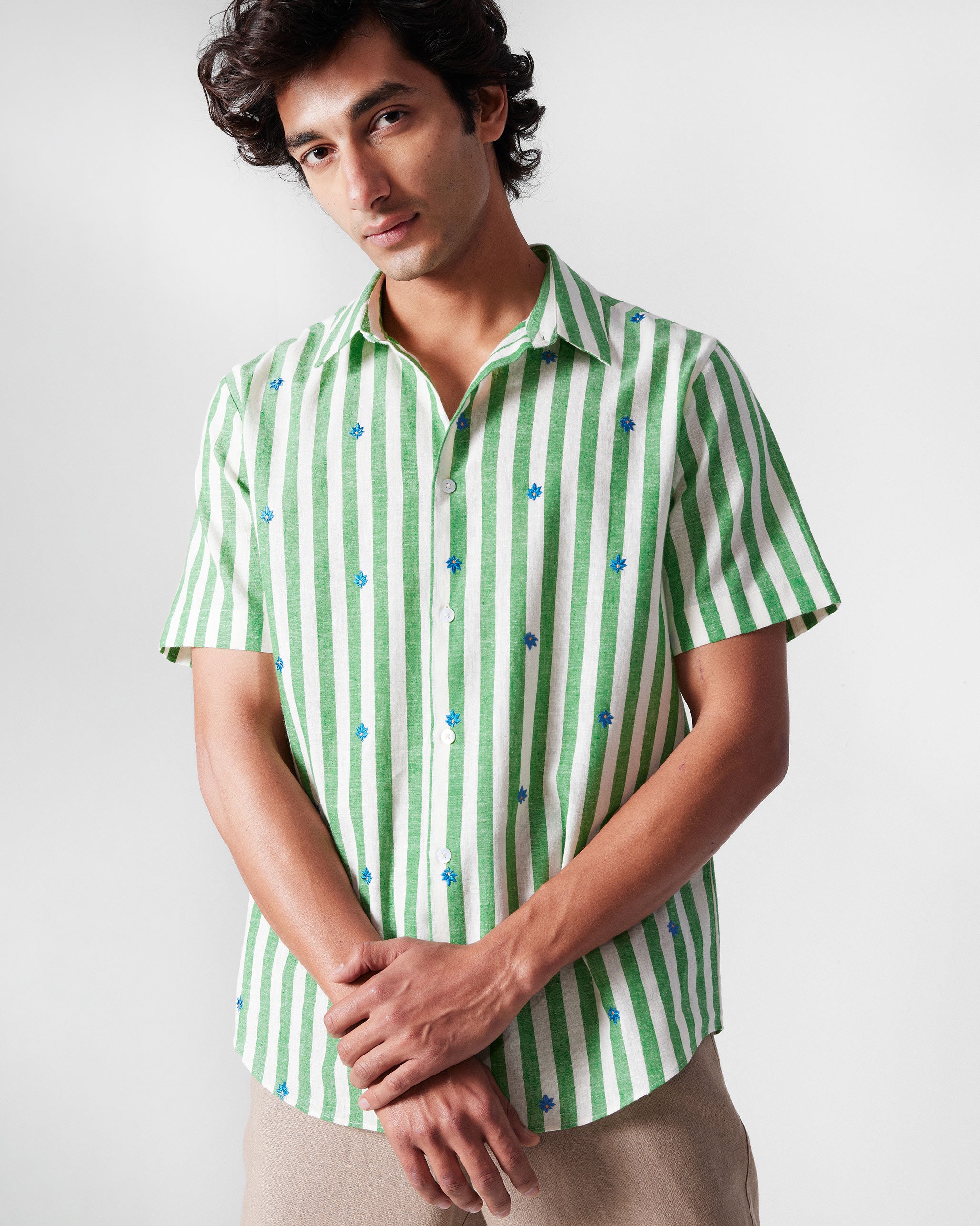 Half Sleeve Shirt - Light Green Embroidered