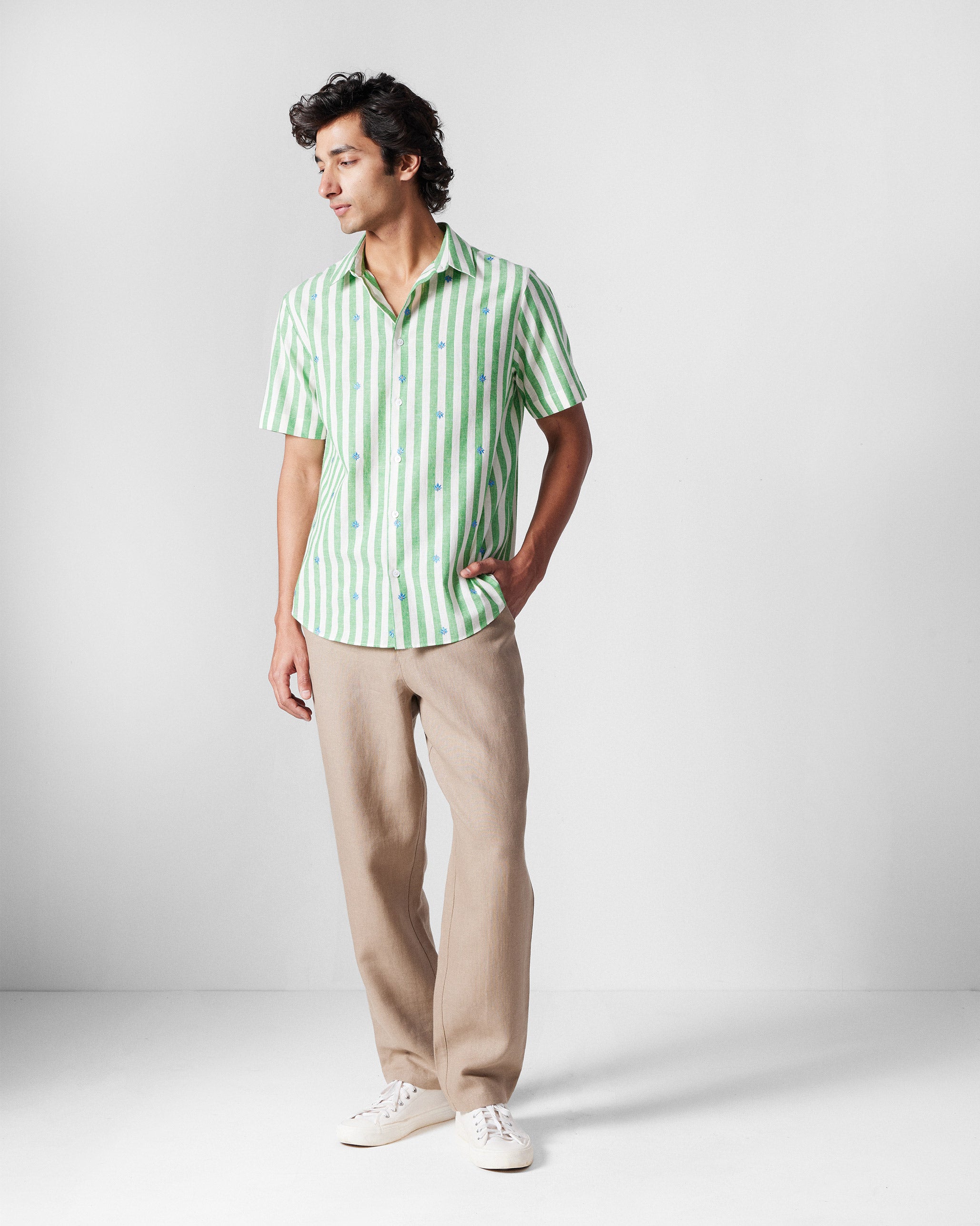 Half Sleeve Shirt - Light Green Embroidered