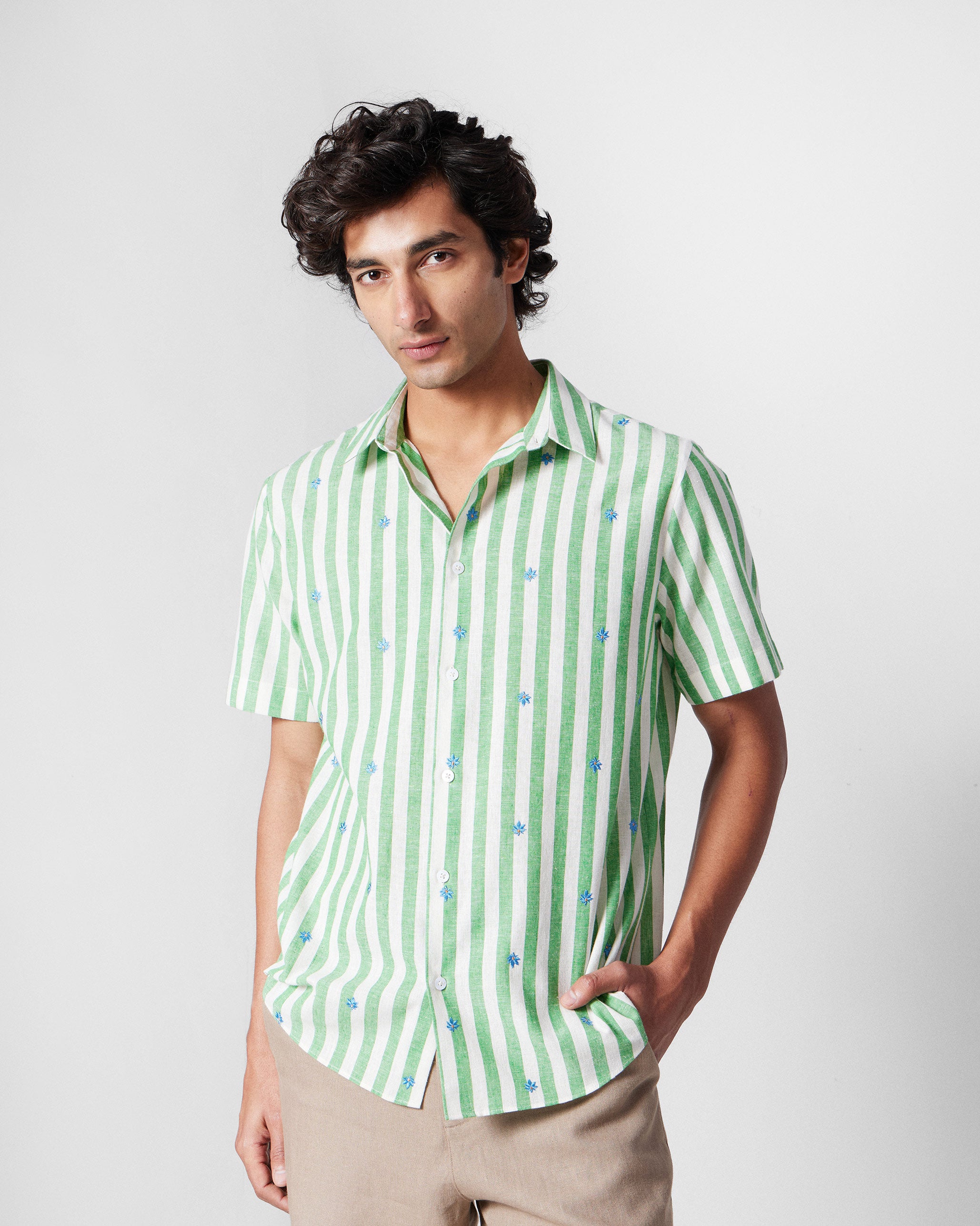 Half Sleeve Shirt - Light Green Embroidered