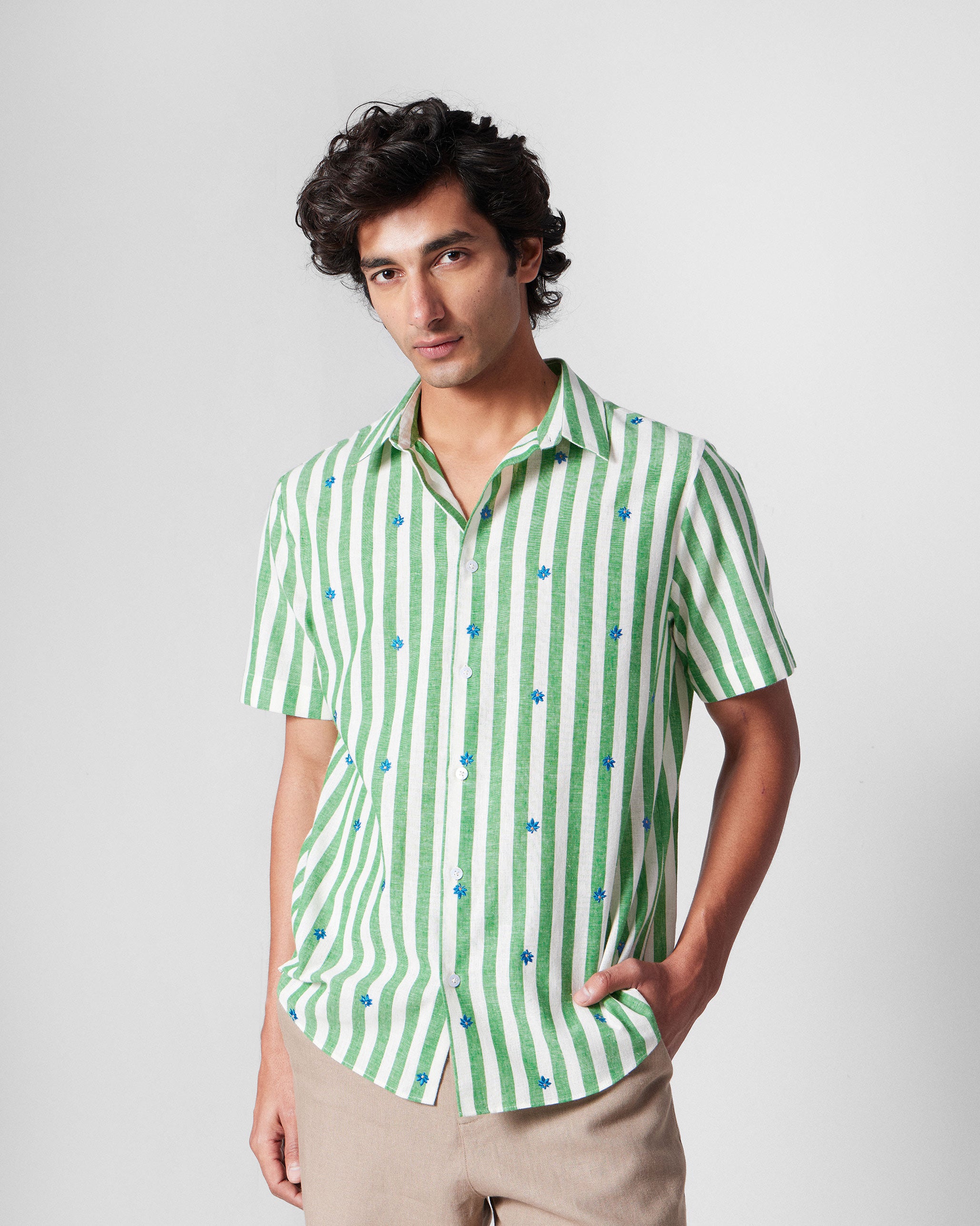 Half Sleeve Shirt - Light Green Embroidered