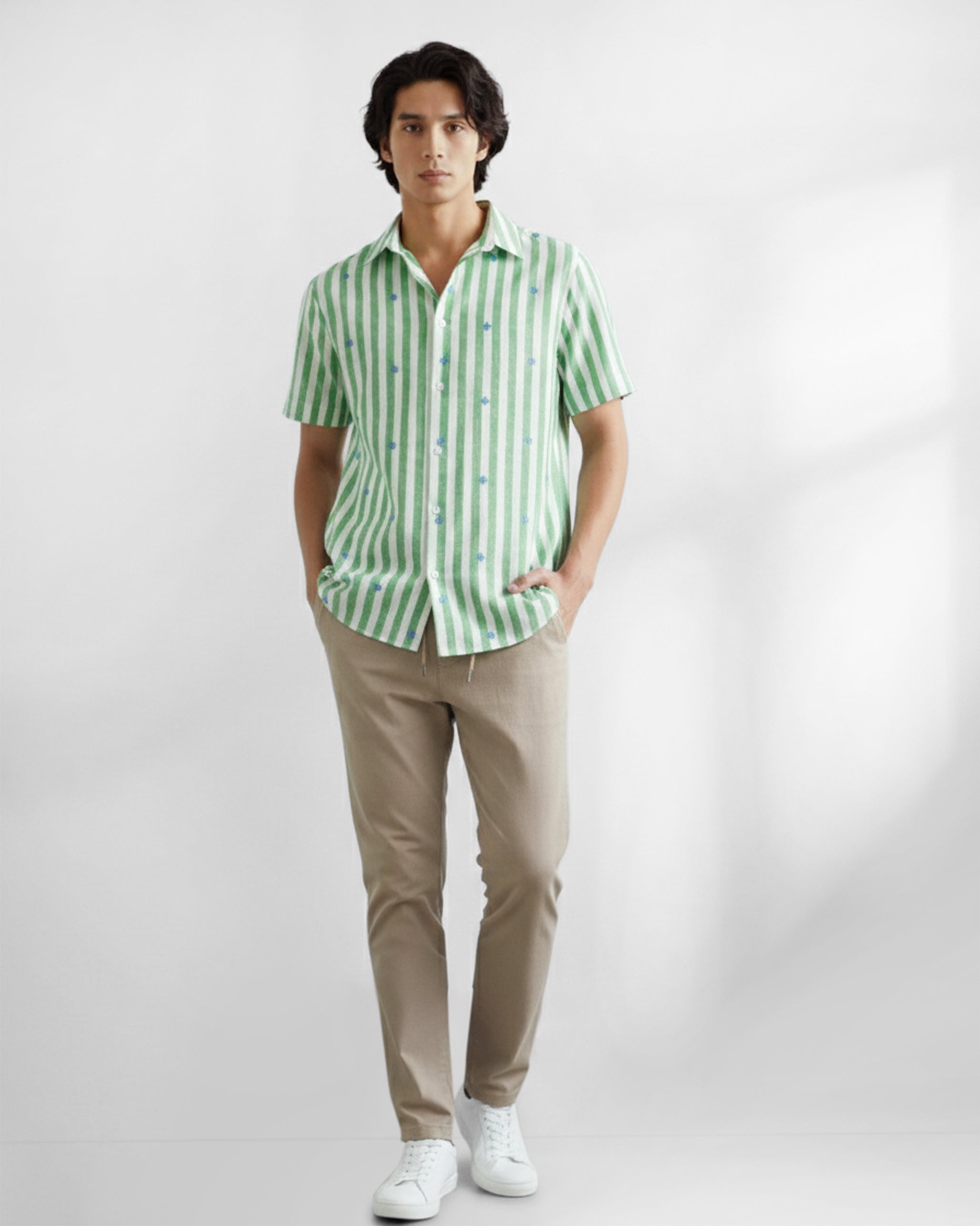 Half Sleeve Shirt - Light Green Embroidered