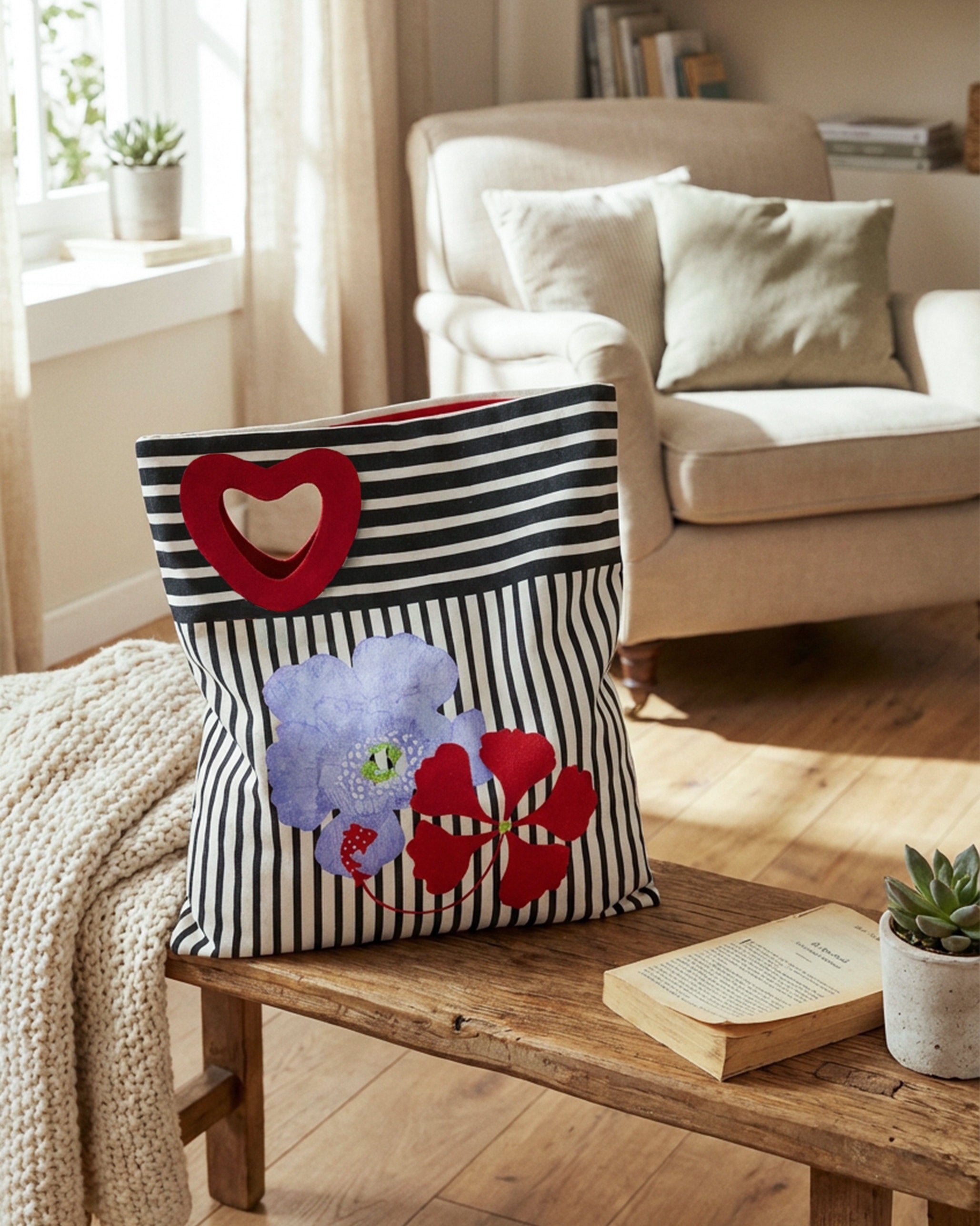 Heart Asymmetrical Tote - Black & White Stripes