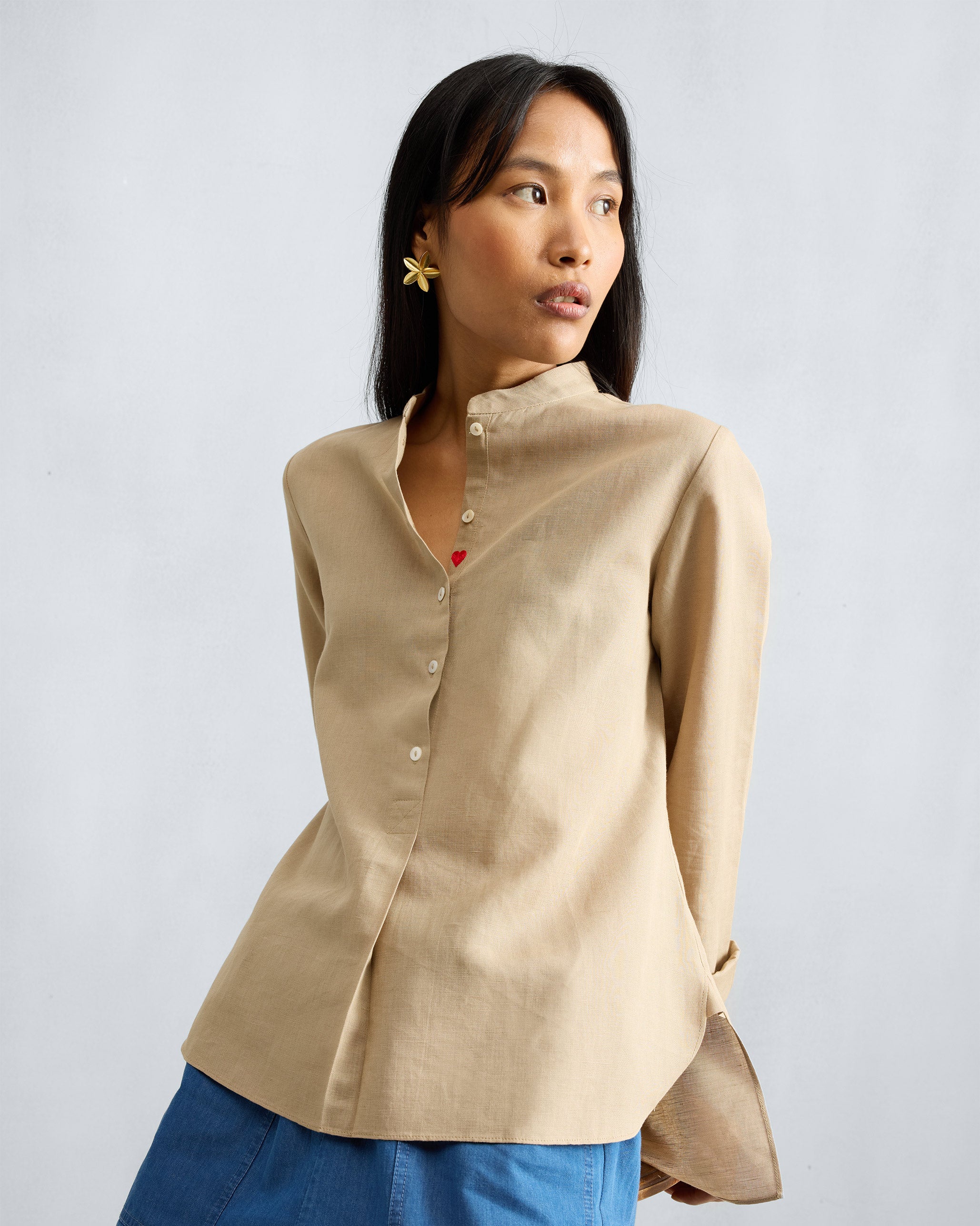 Mandarin Collar Top - Beige